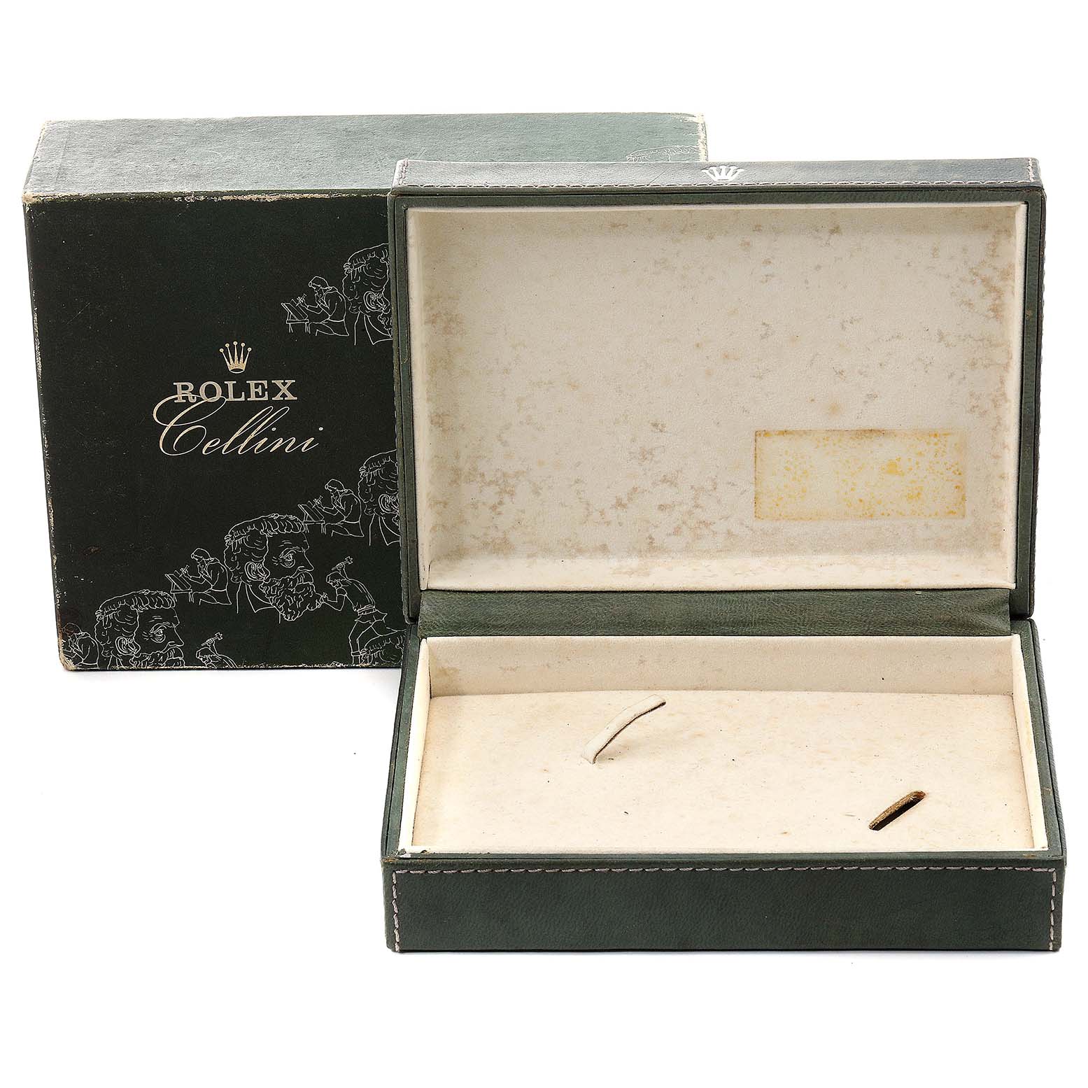 This image shows the open box and lid for a Rolex Vintage Collection 4127 Men's Yellow Gold Brown Dial 4127 Men's Yellow Gold Brown Dial watch.