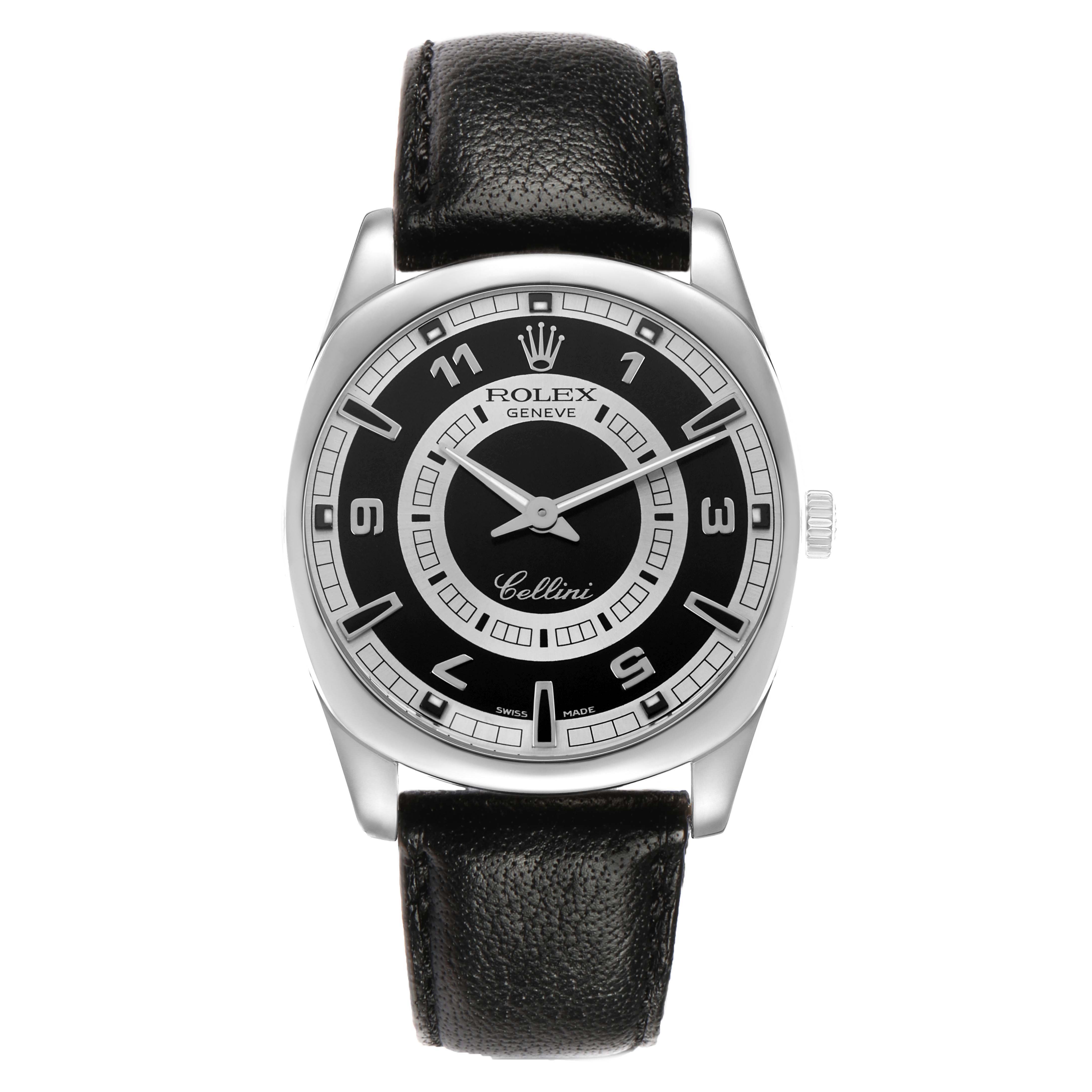The Rolex Cellini 4243 Men's White Gold Black Dial watch is shown from the front, displaying the dial, hands, bezel, and black leather strap.