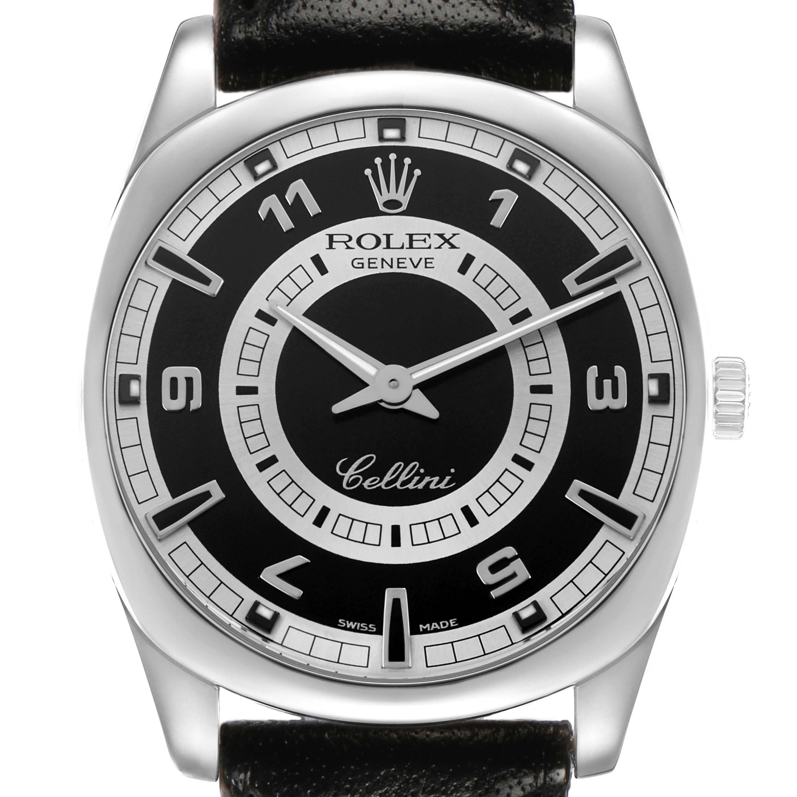 The Rolex Cellini 4243 Men's White Gold Black Dial watch is shown from a front angle, displaying the face, crown, and part of the strap.