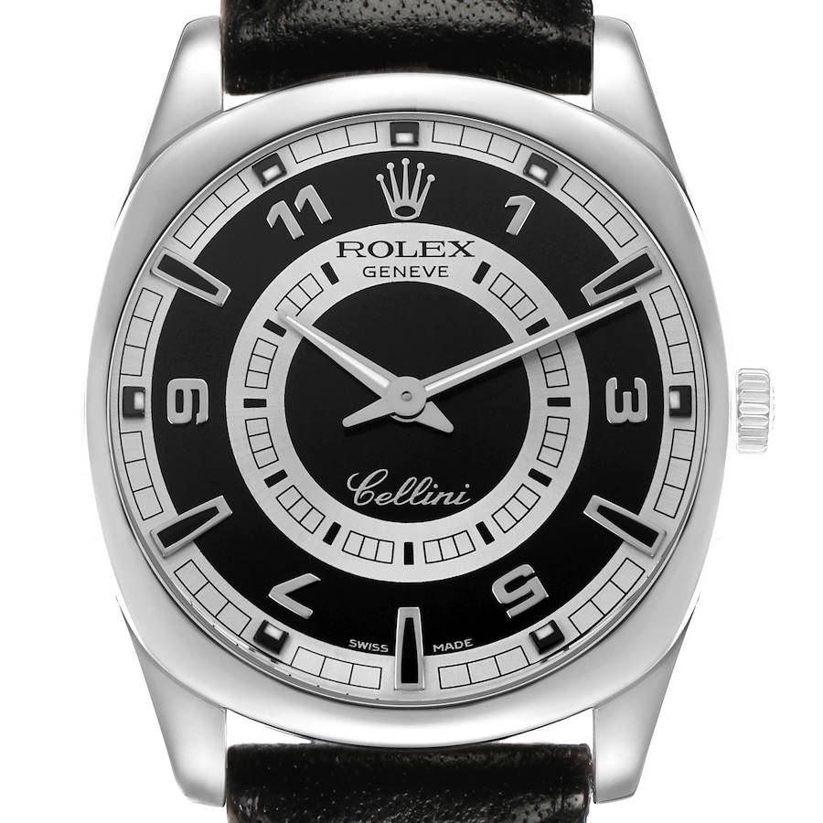 The Rolex Cellini 4243 Men's White Gold Black Dial watch is shown from a front angle, displaying the face, crown, and part of the strap.
