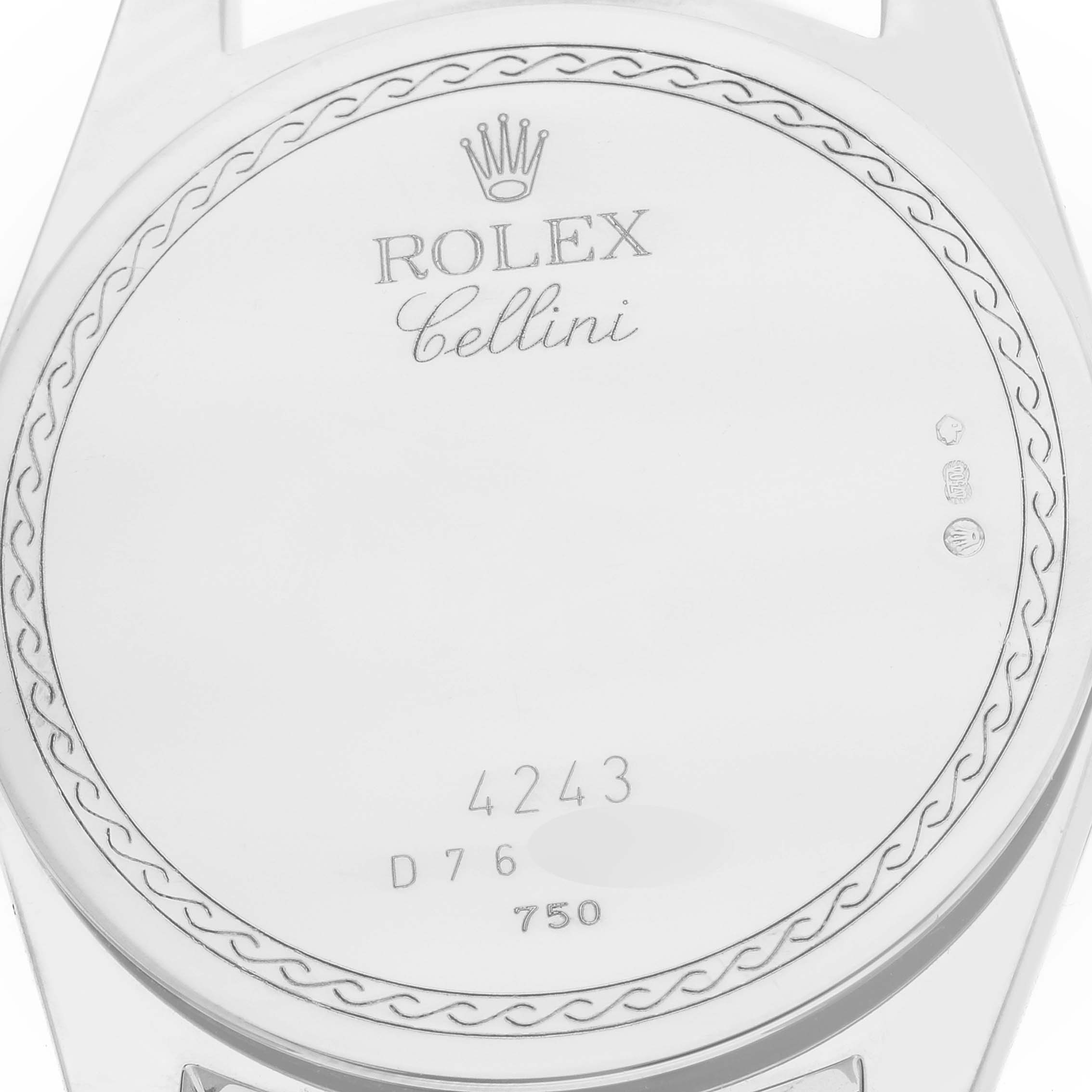 The image shows the back case of a Rolex Cellini 4243 Men's White Gold Black Dial watch with branding and serial numbers engraved.