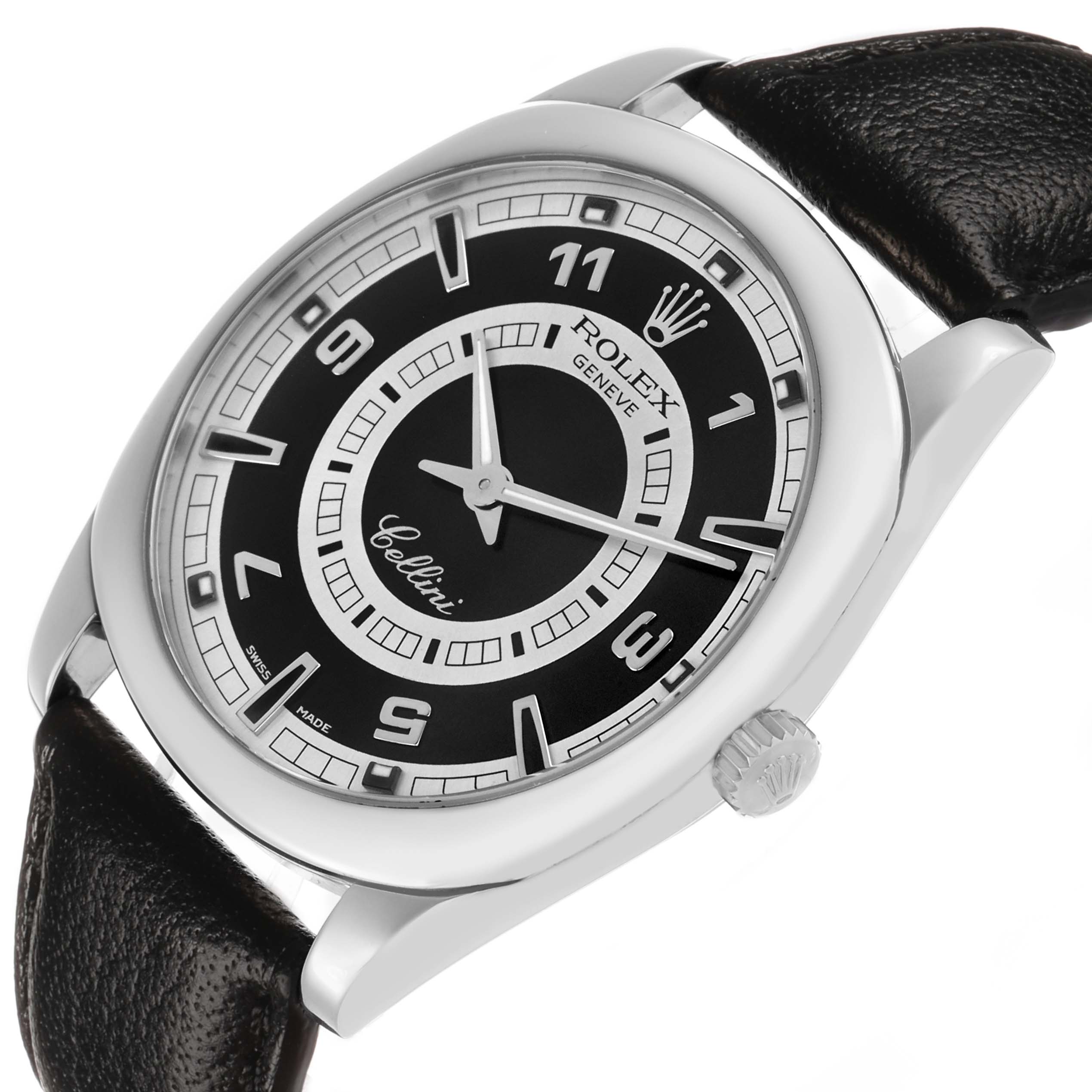 The Rolex Cellini 4243 Men's White Gold Black Dial watch is shown from an angled view, displaying the face, crown, and black leather strap.
