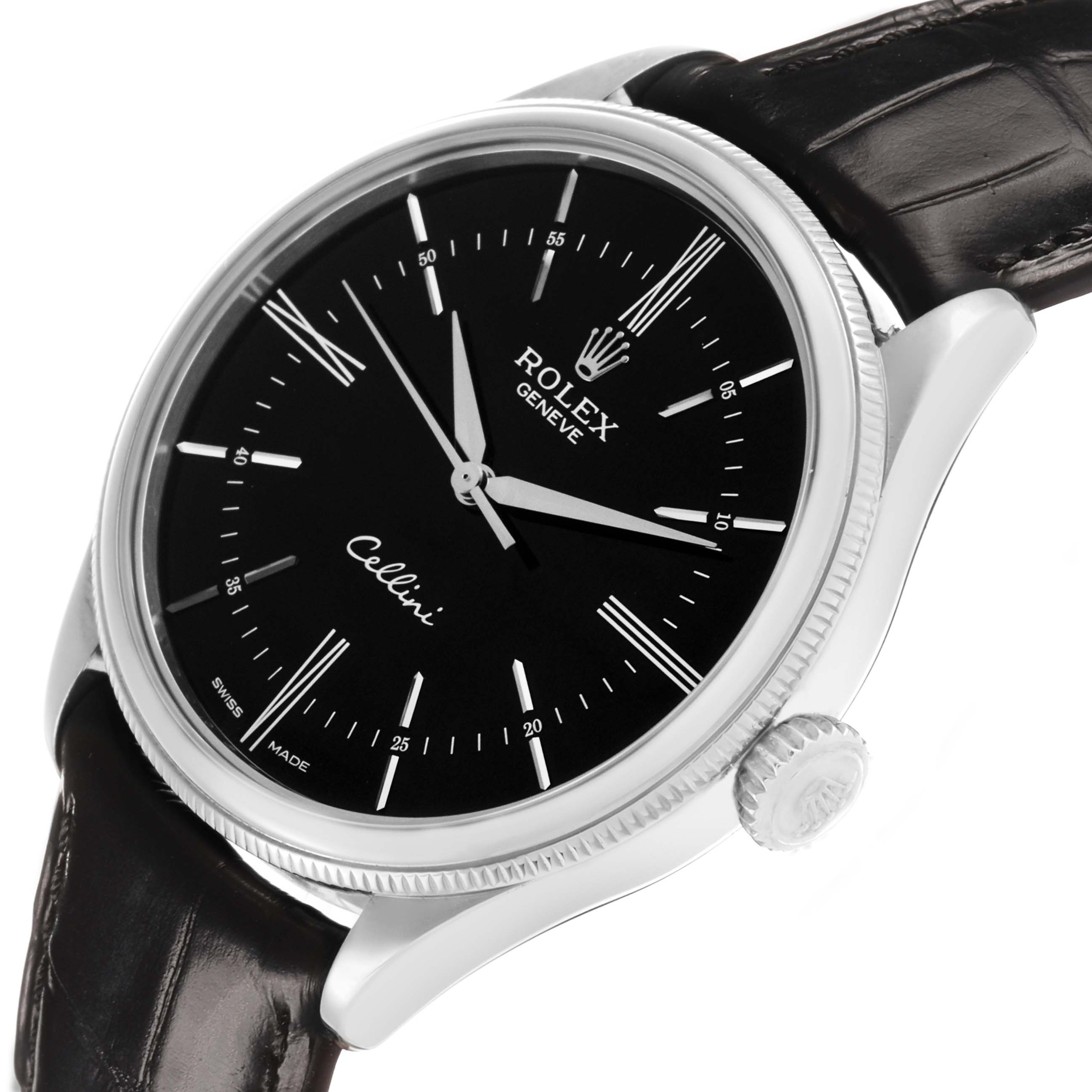 The Rolex Cellini 50509 Men's White Gold Black Dial watch is shown at a slight angle, highlighting the black dial, silver hands, and the crown on the right side.