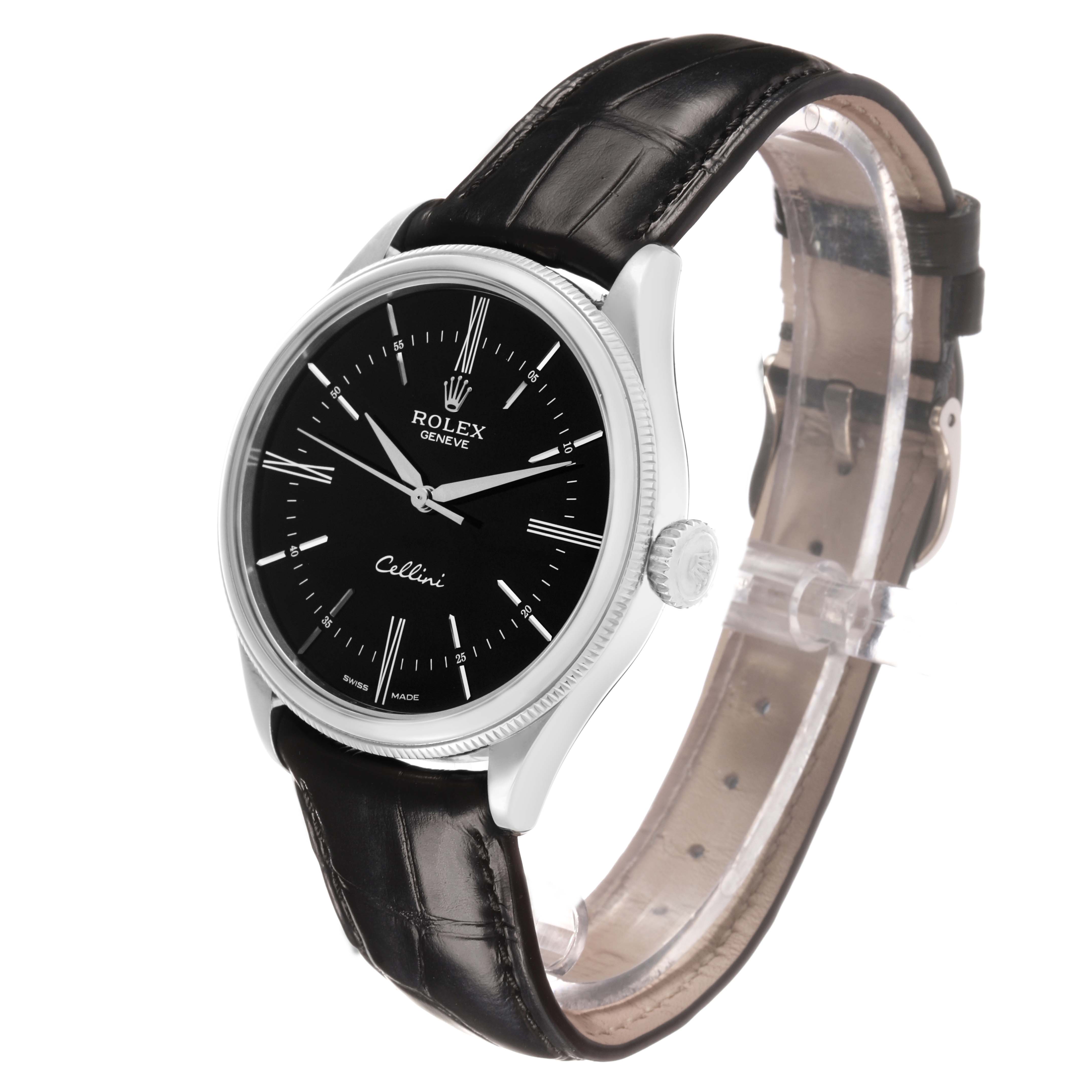The Rolex Cellini 50509 Men's White Gold Black Dial watch is shown at a slight angled view, featuring the black dial, silver hands, and leather strap.