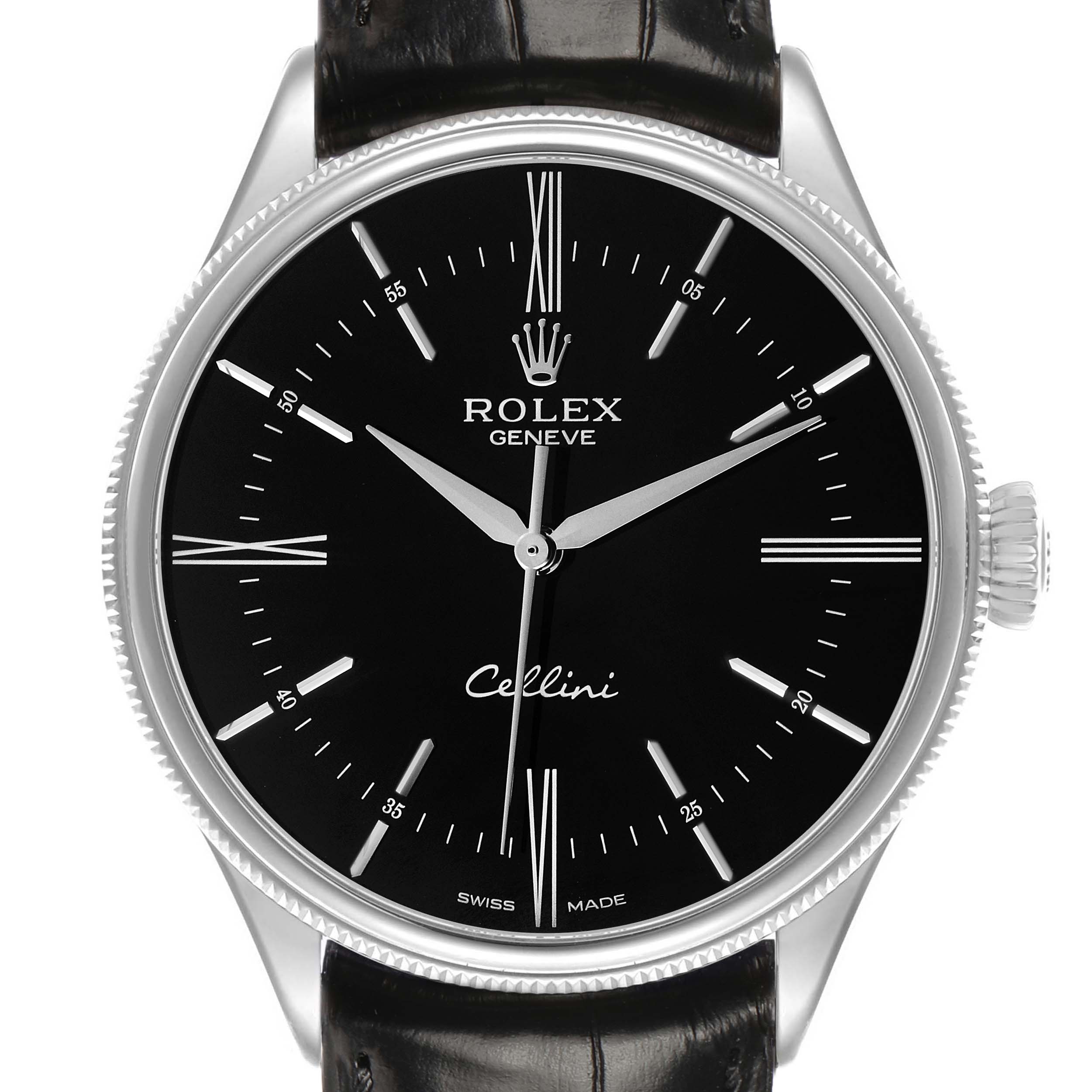 The Rolex Cellini 50509 Men's White Gold Black Dial watch is shown from the front, displaying the dial, hands, crown, and strap attachment.
