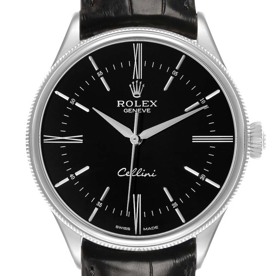The Rolex Cellini 50509 Men's White Gold Black Dial watch is shown from the front, displaying the dial, hands, crown, and strap attachment.