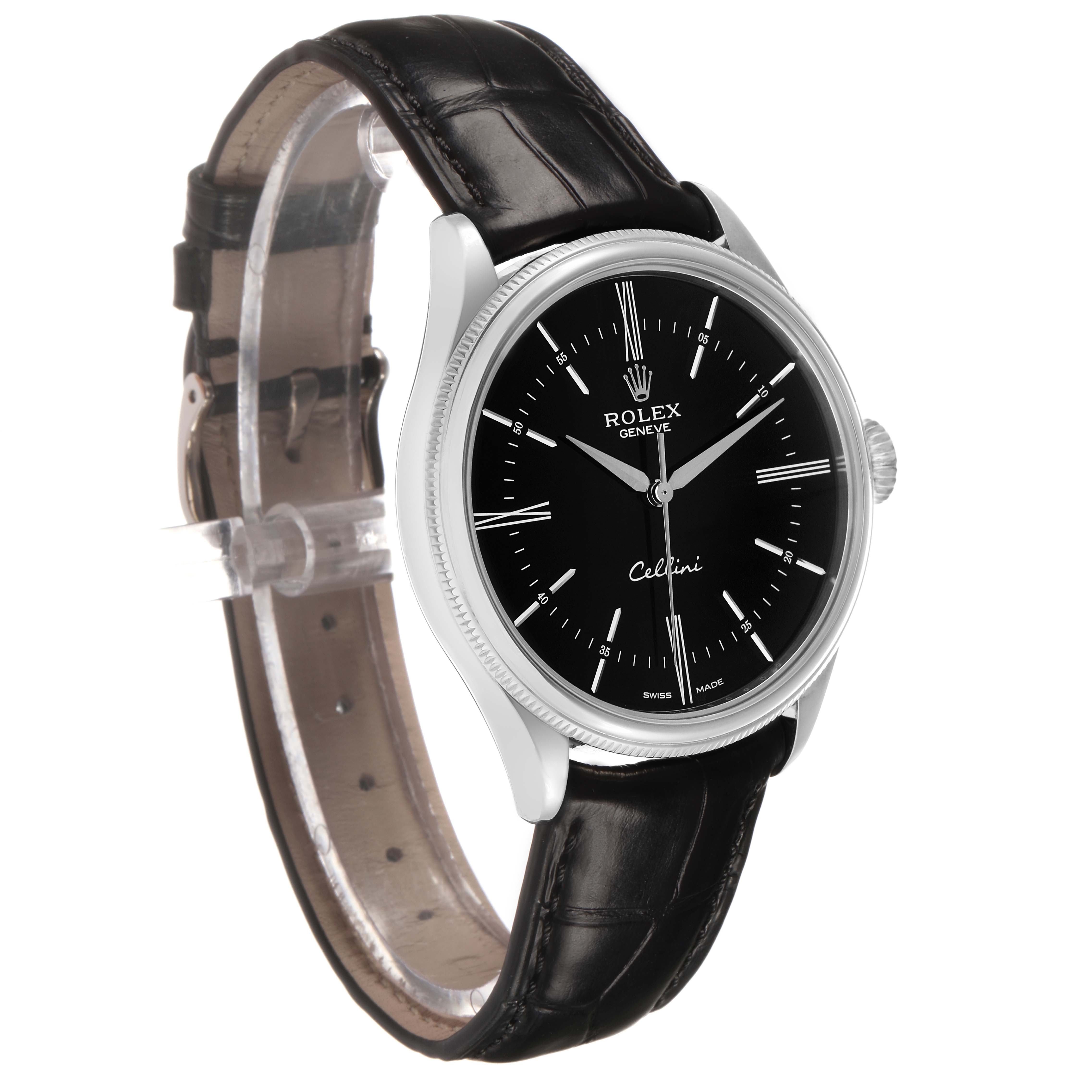The Rolex Cellini 50509 Men's White Gold Black Dial watch is angled to show the face, bezel, side, and leather strap, highlighting its elegant design.
