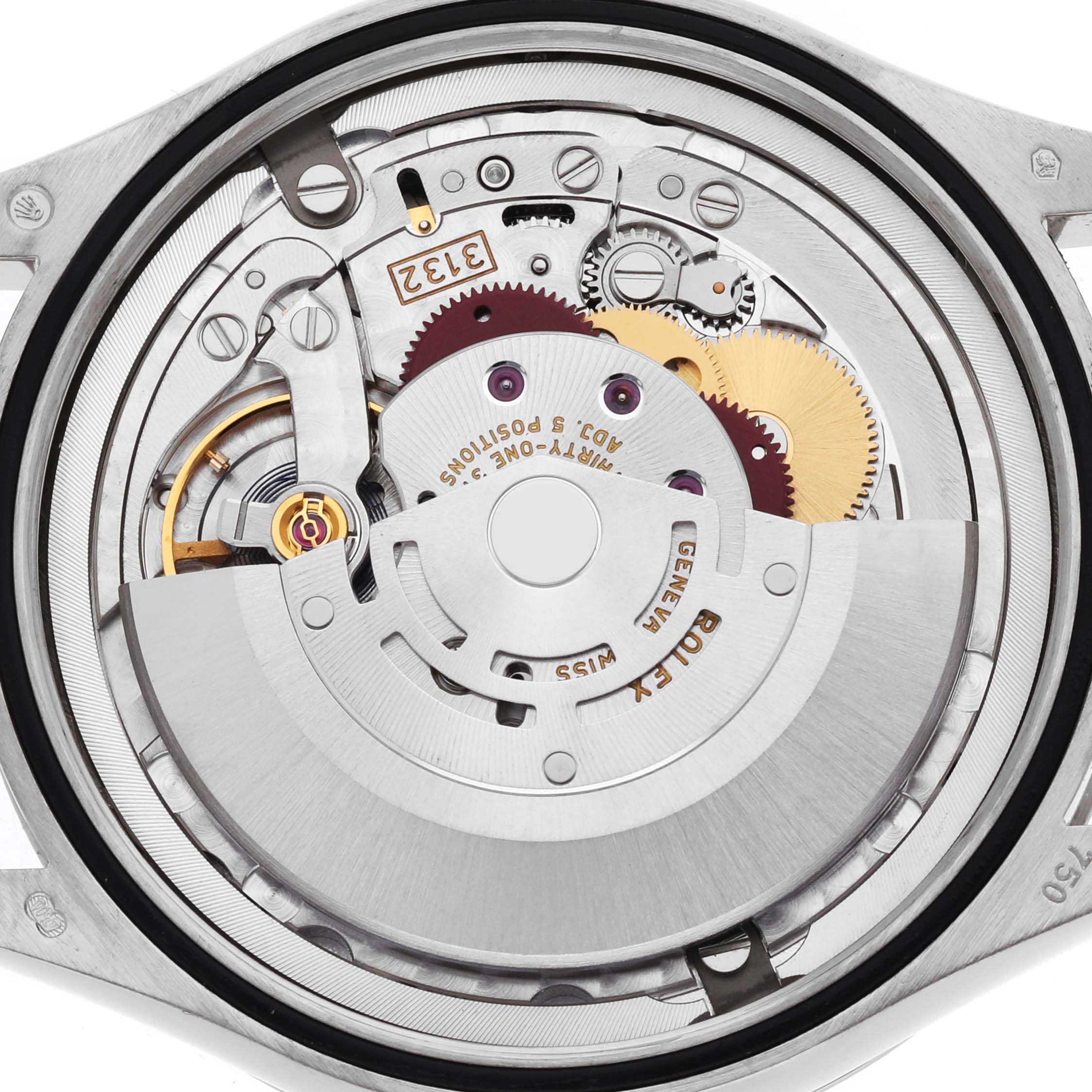 The image shows the movement of the Rolex Cellini 50509 Men's White Gold Black Dial watch from a top view, highlighting gears and rotor.