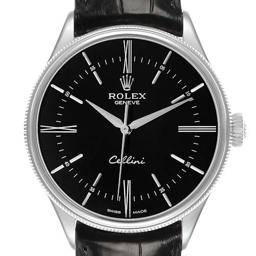 The Rolex Cellini 50509 Men's White Gold Black Dial watch is shown from a front angle, highlighting the dial, crown, and strap.