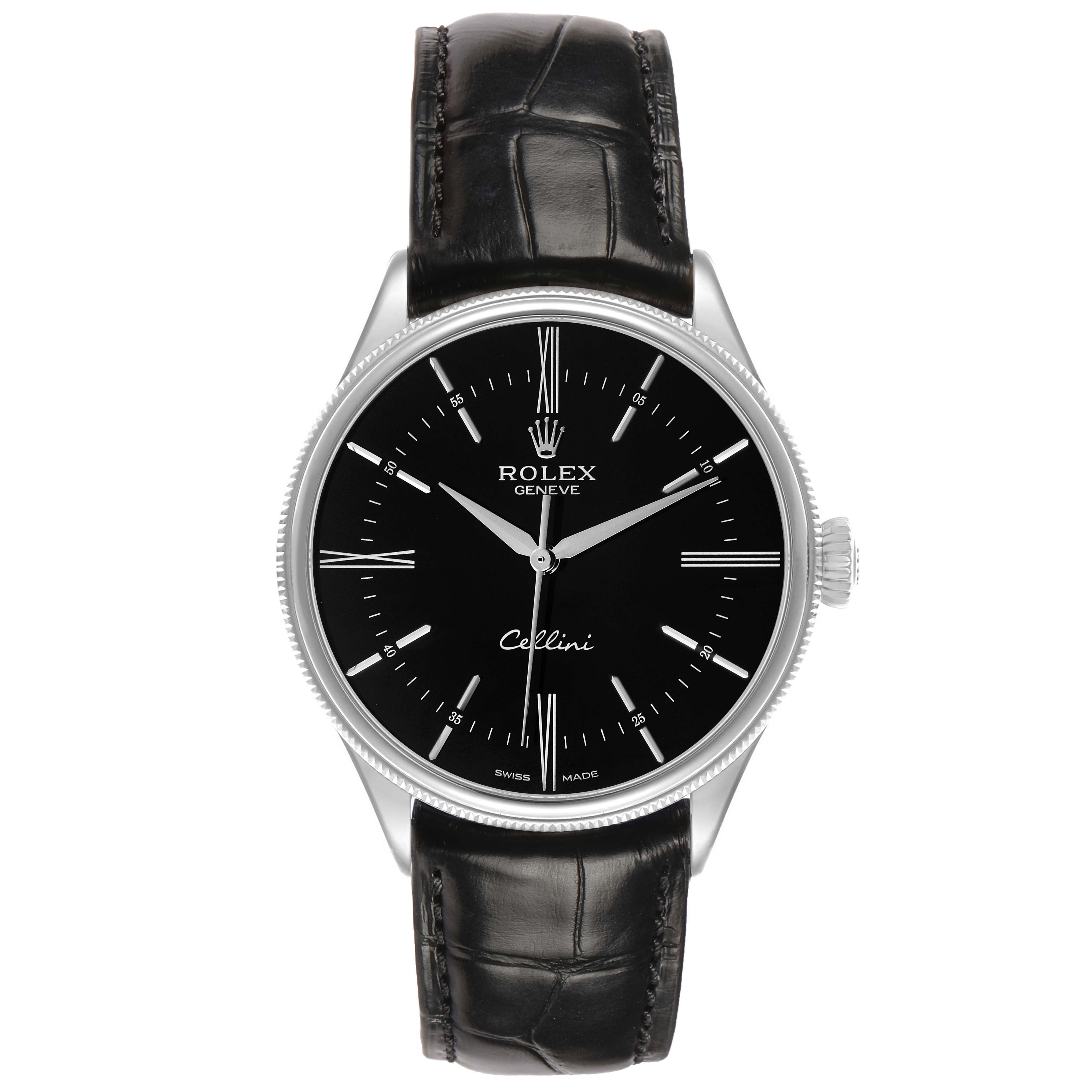 The Rolex Cellini 50509 Men's White Gold Black Dial watch is shown from a front angle, highlighting its black dial, silver hands, and black leather strap.