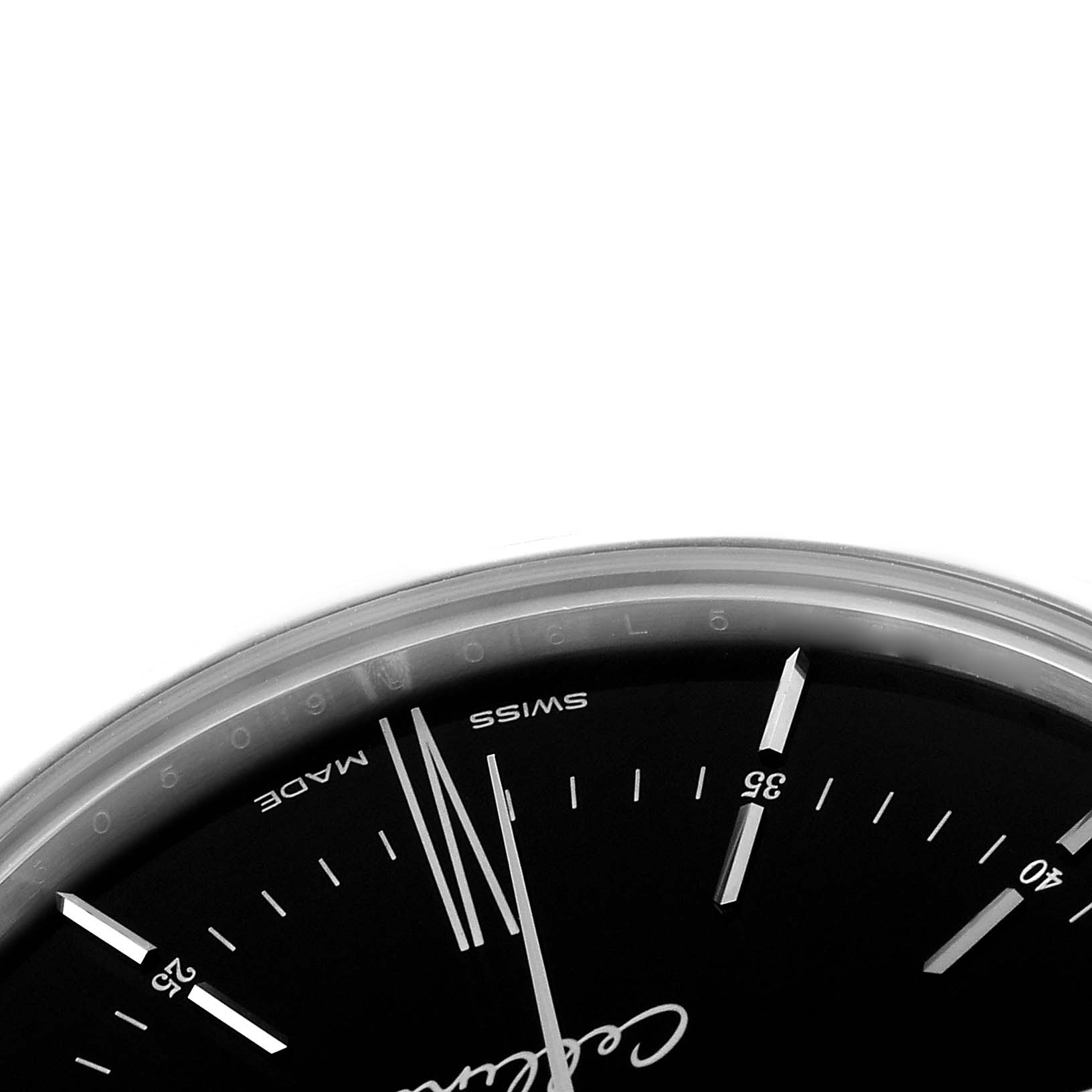 The image shows a partial close-up of the Rolex Cellini 50509 Men's White Gold Black Dial watch dial, highlighting the indices, hands, and "Swiss Made" text.