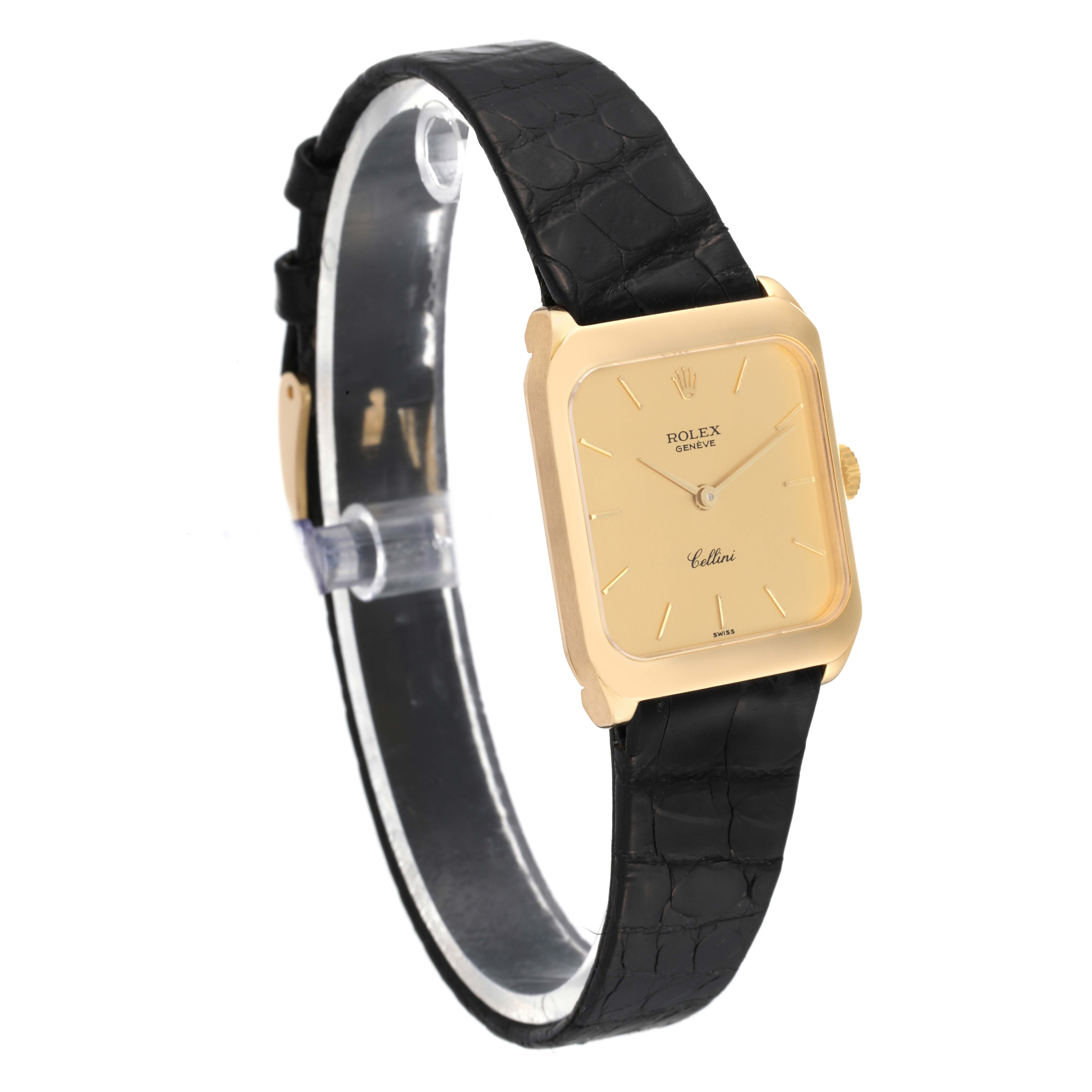 The image shows a side angle of a Rolex Vintage Collection 4131 Men's Yellow Gold Champagne Dial 4131 Men's Yellow Gold Champagne Dial watch, highlighting its gold square face and black leather strap.