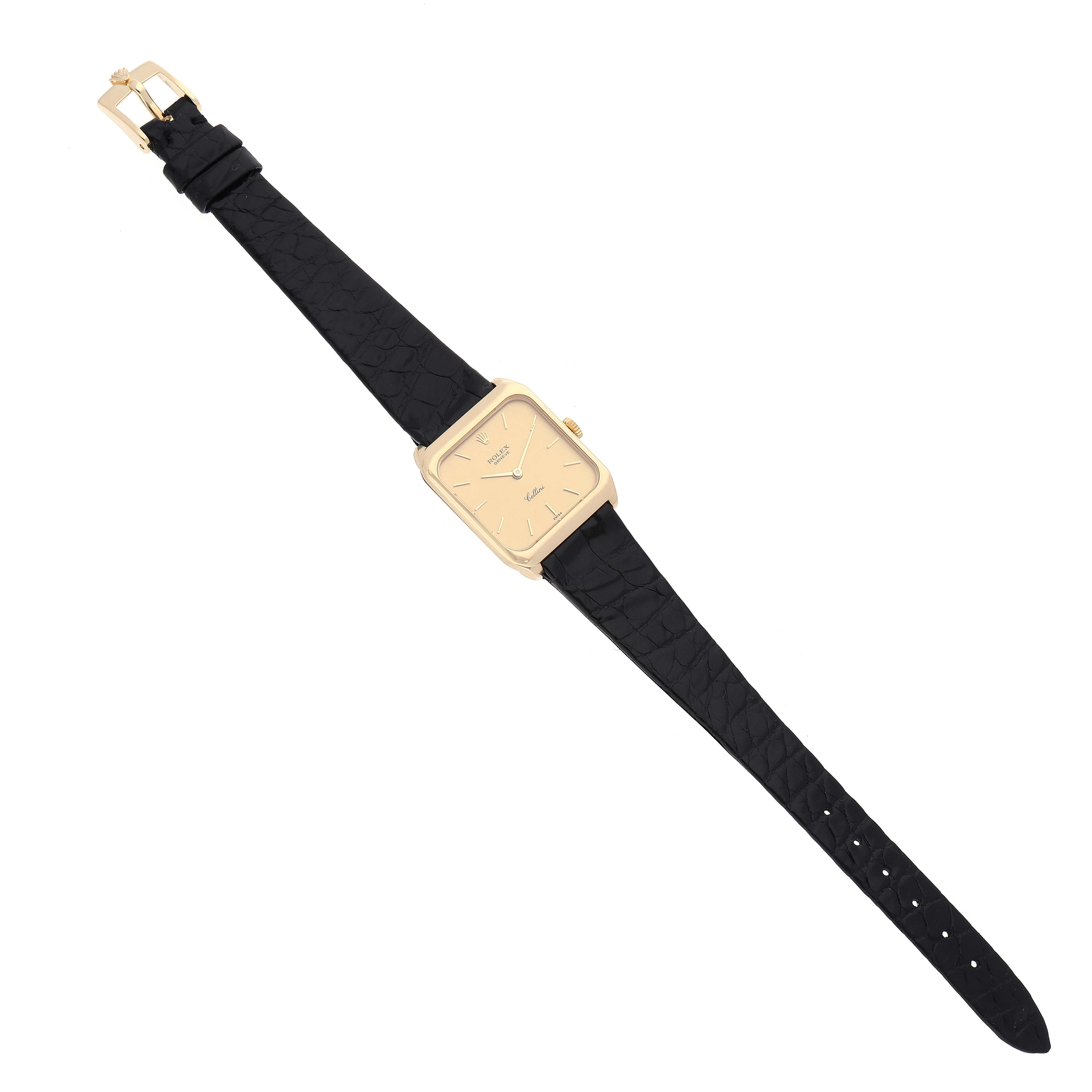 The image shows a top-down view of a Rolex Vintage Collection 4131 Men's Yellow Gold Champagne Dial 4131 Men's Yellow Gold Champagne Dial watch with a black leather strap and rectangular gold face.