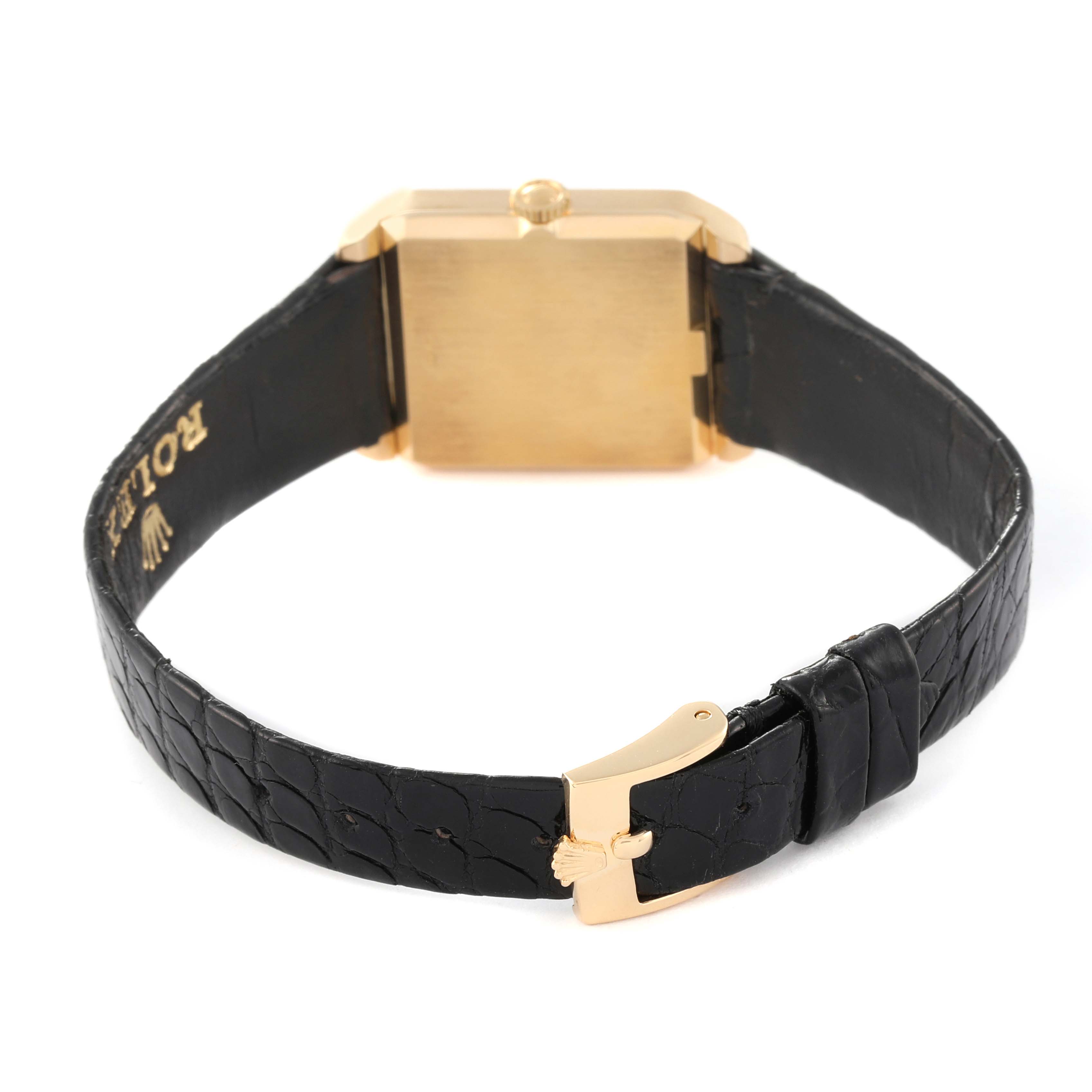 The image shows the back view of a Rolex Vintage Collection 4131 Men's Yellow Gold Champagne Dial 4131 Men's Yellow Gold Champagne Dial watch, highlighting its black leather strap and gold clasp.