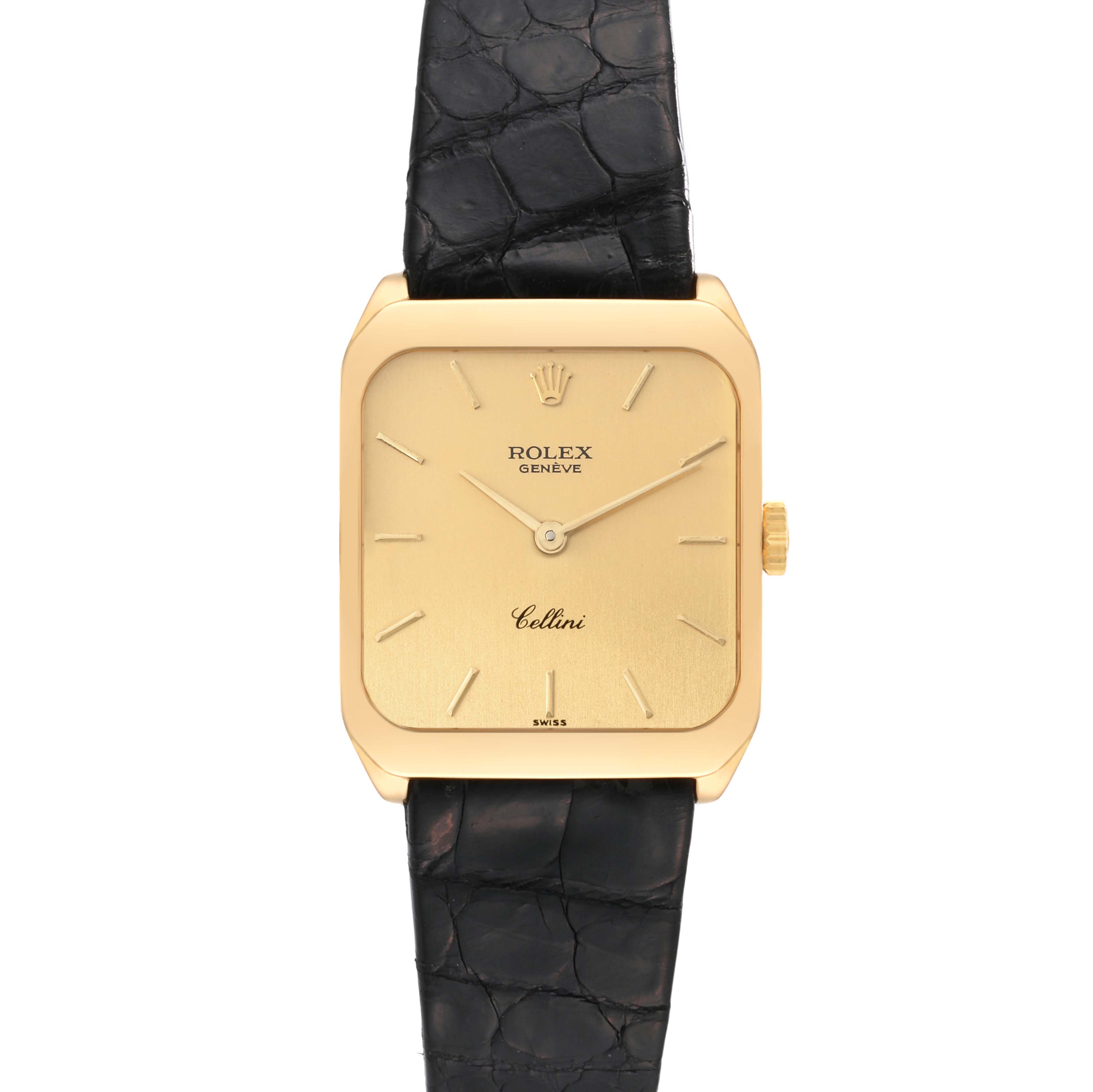 The image shows a front view of a Vintage Collection Rolex Cellini watch with a gold square face and black leather strap.