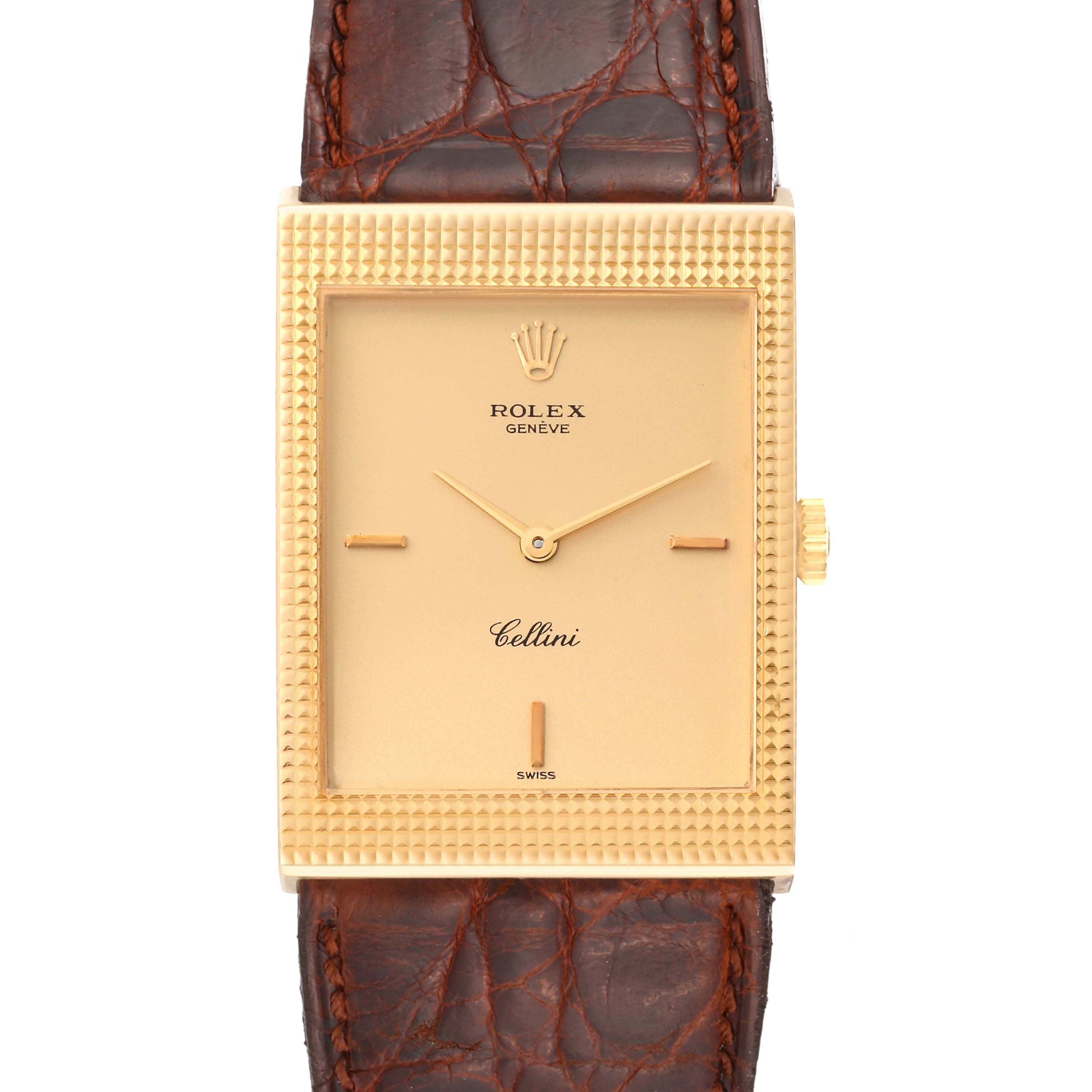 The Rolex Vintage Collection 4127 Men's Yellow Gold Champagne Dial 4127 Men's Yellow Gold Champagne Dial Cellini model is shown from the front, highlighting its rectangular gold dial and brown leather strap.
