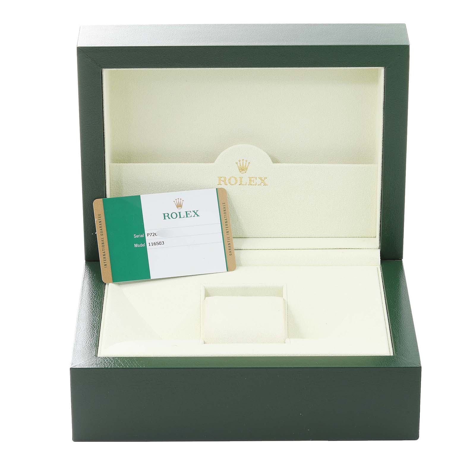 The image shows an open green Rolex Daytona 116503 Men's Steel and Gold (two tone) Champagne Dial 116503 Men's Steel and Gold (two tone) Champagne Dial watch box with a warranty card inside.