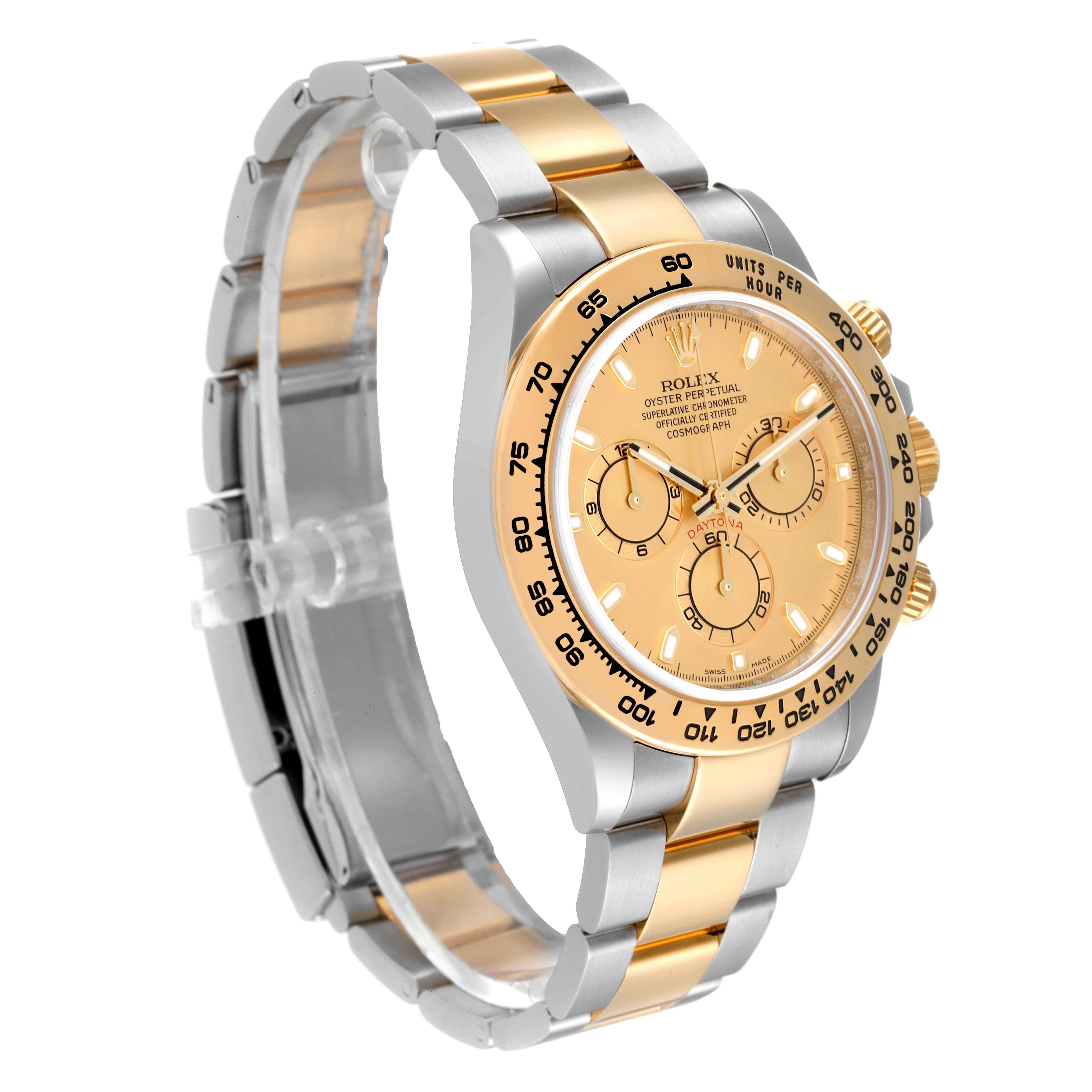 The Rolex Daytona 116503 Men's Steel and Gold (two tone) Champagne Dial 116503 Men's Steel and Gold (two tone) Champagne Dial watch is shown at a side angle, featuring a two-tone bracelet, gold dial, and three subdials.