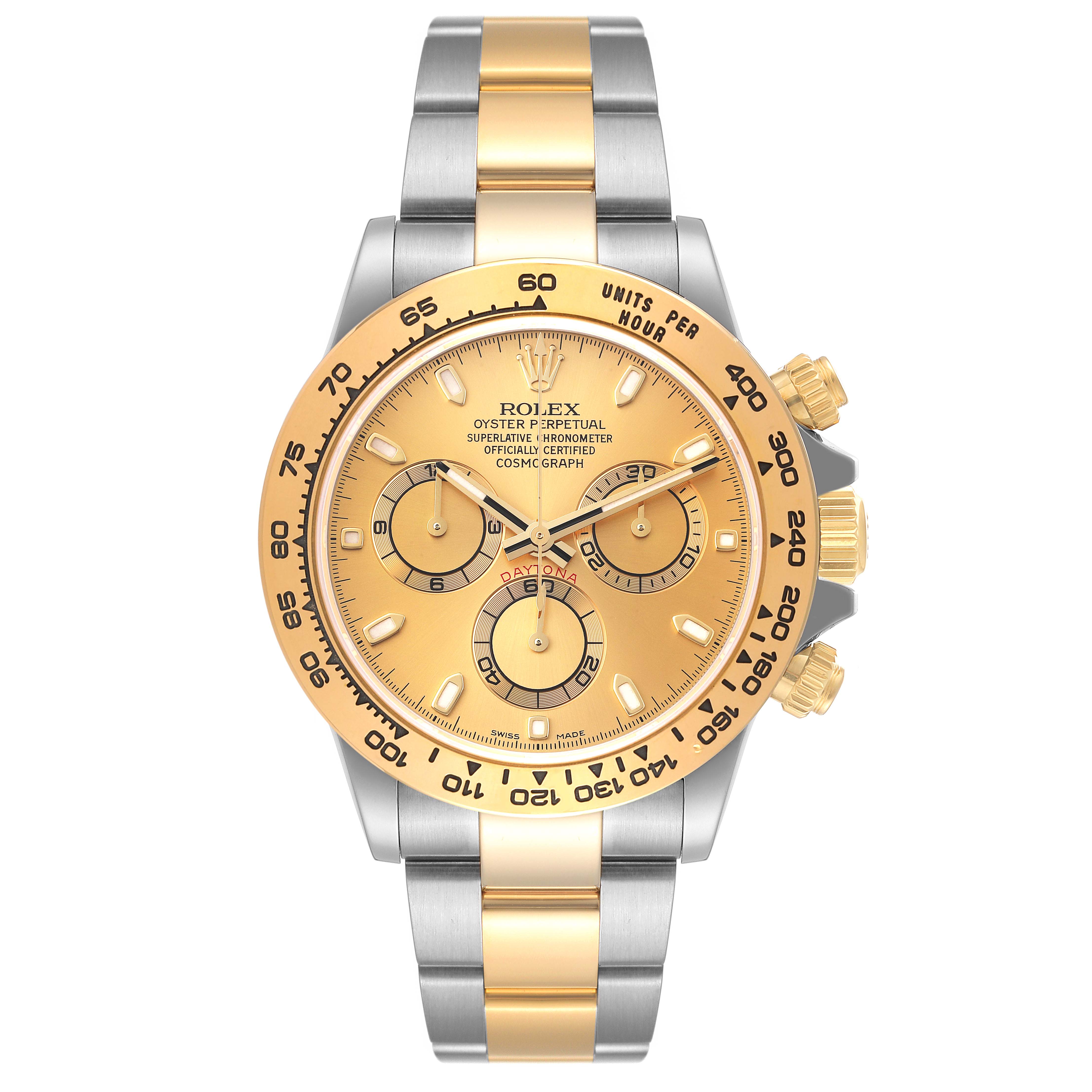 The Rolex Daytona 116503 Men's Steel and Gold (two tone) Champagne Dial 116503 Men's Steel and Gold (two tone) Champagne Dial watch is shown from a front angle, displaying its dial, bezel, and stainless steel and gold bracelet.
