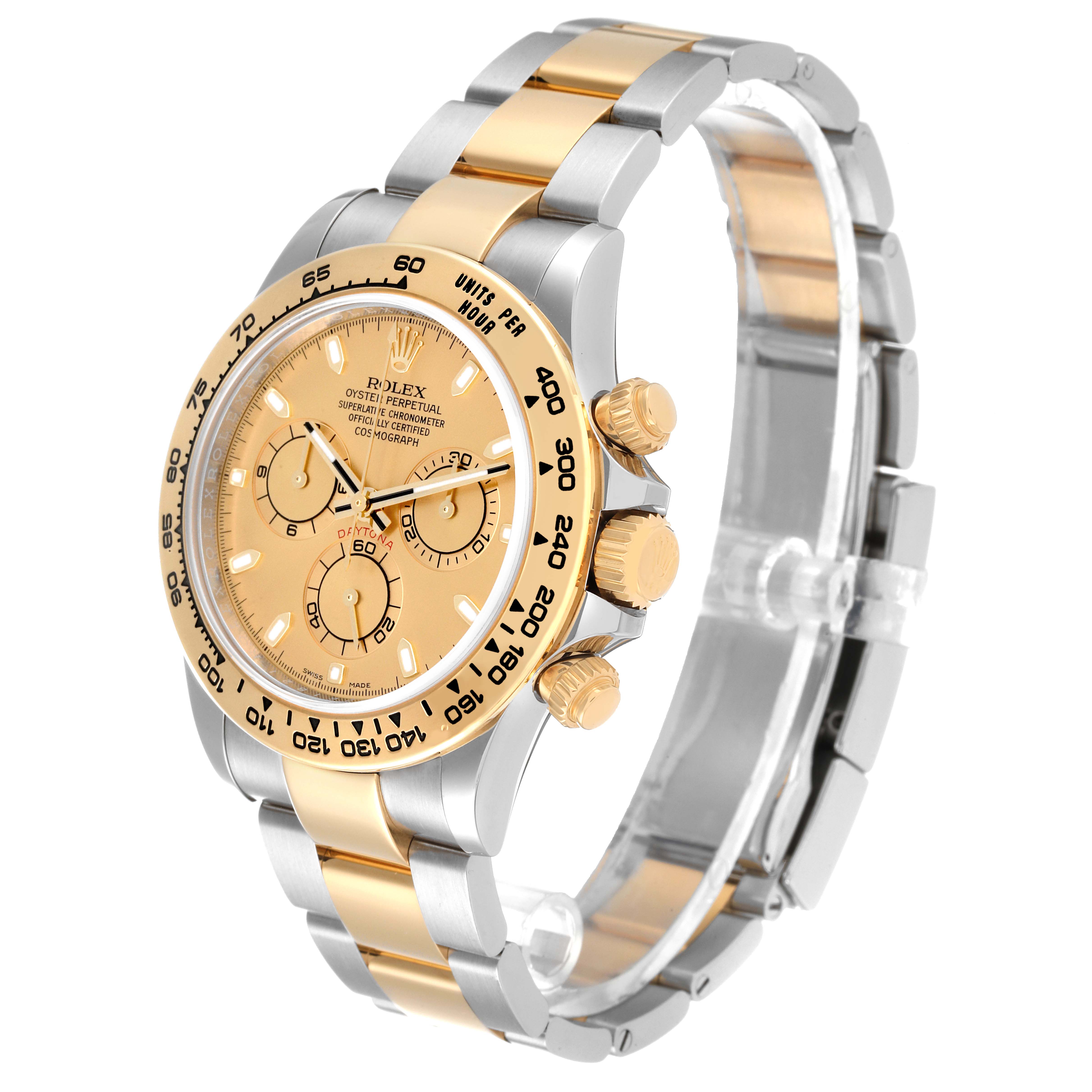 This Rolex Daytona 116503 Men's Steel and Gold (two tone) Champagne Dial 116503 Men's Steel and Gold (two tone) Champagne Dial watch is shown at an angle highlighting the face, bezel, and bracelet.