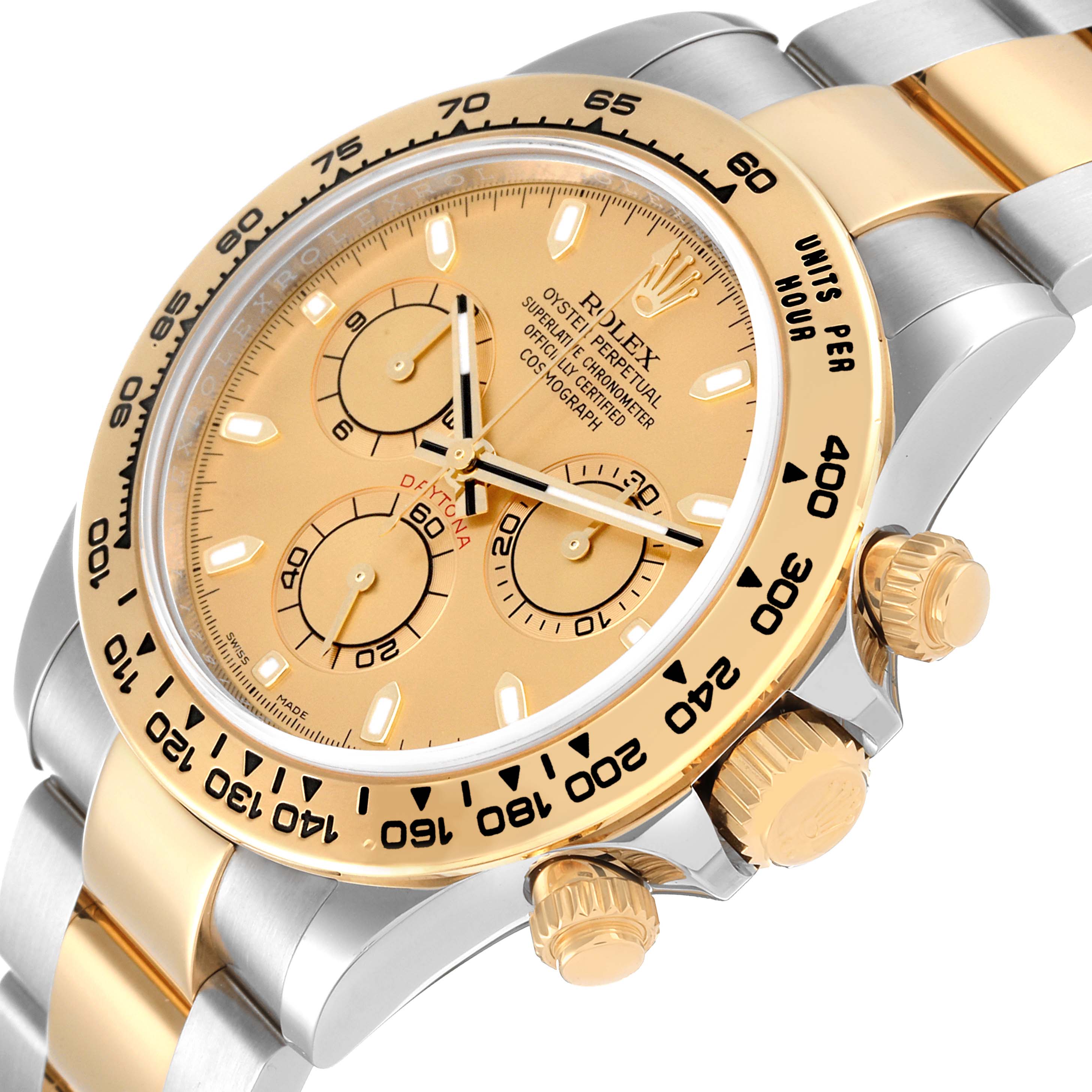 The image shows a side angle of the Rolex Daytona 116503 Men's Steel and Gold (two tone) Champagne Dial 116503 Men's Steel and Gold (two tone) Champagne Dial watch, highlighting its bezel, crown, and two-tone metal bracelet.