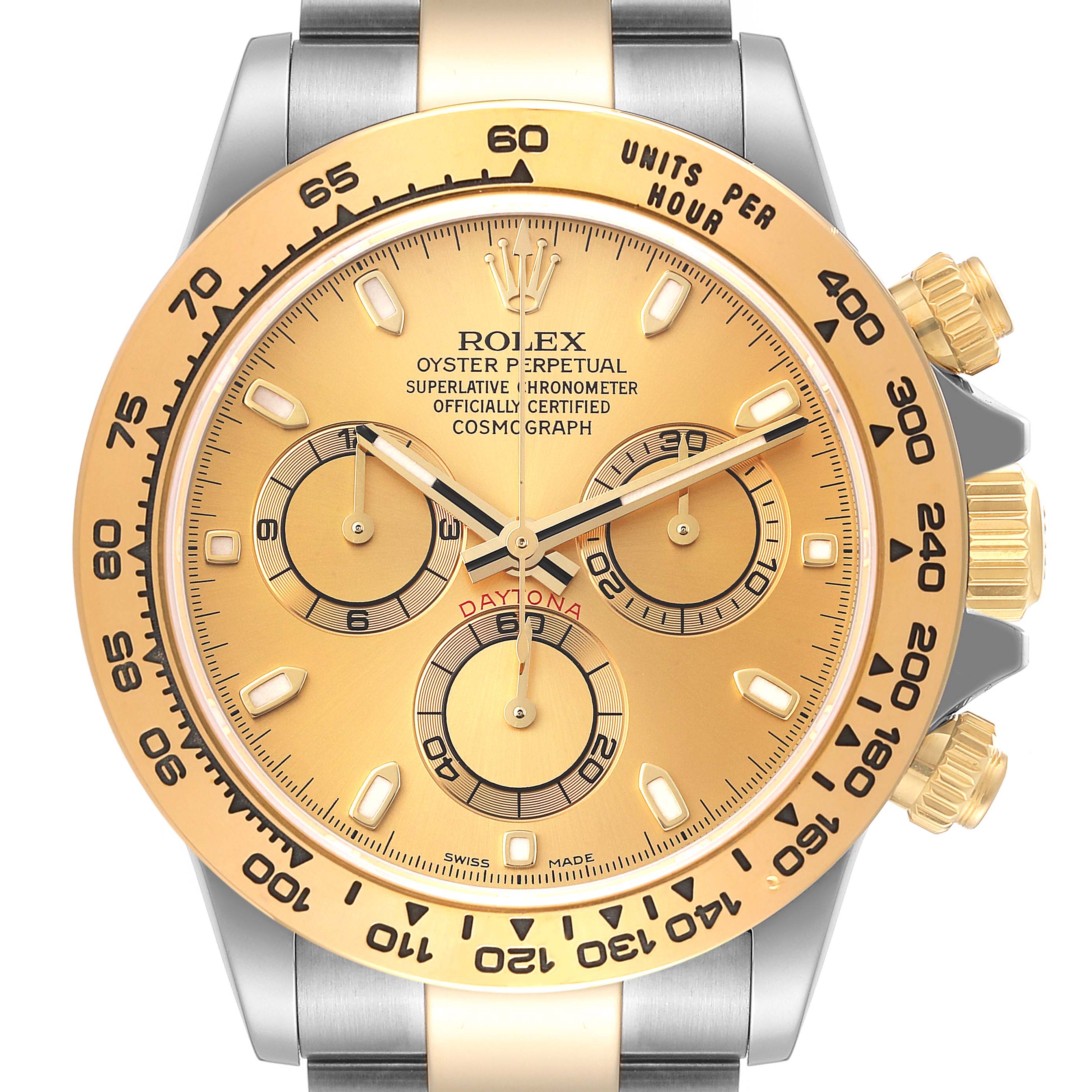 This image shows a front view of the Rolex Daytona 116503 Men's Steel and Gold (two tone) Champagne Dial 116503 Men's Steel and Gold (two tone) Champagne Dial watch, highlighting its gold dial, subdials, bezel, and crown.