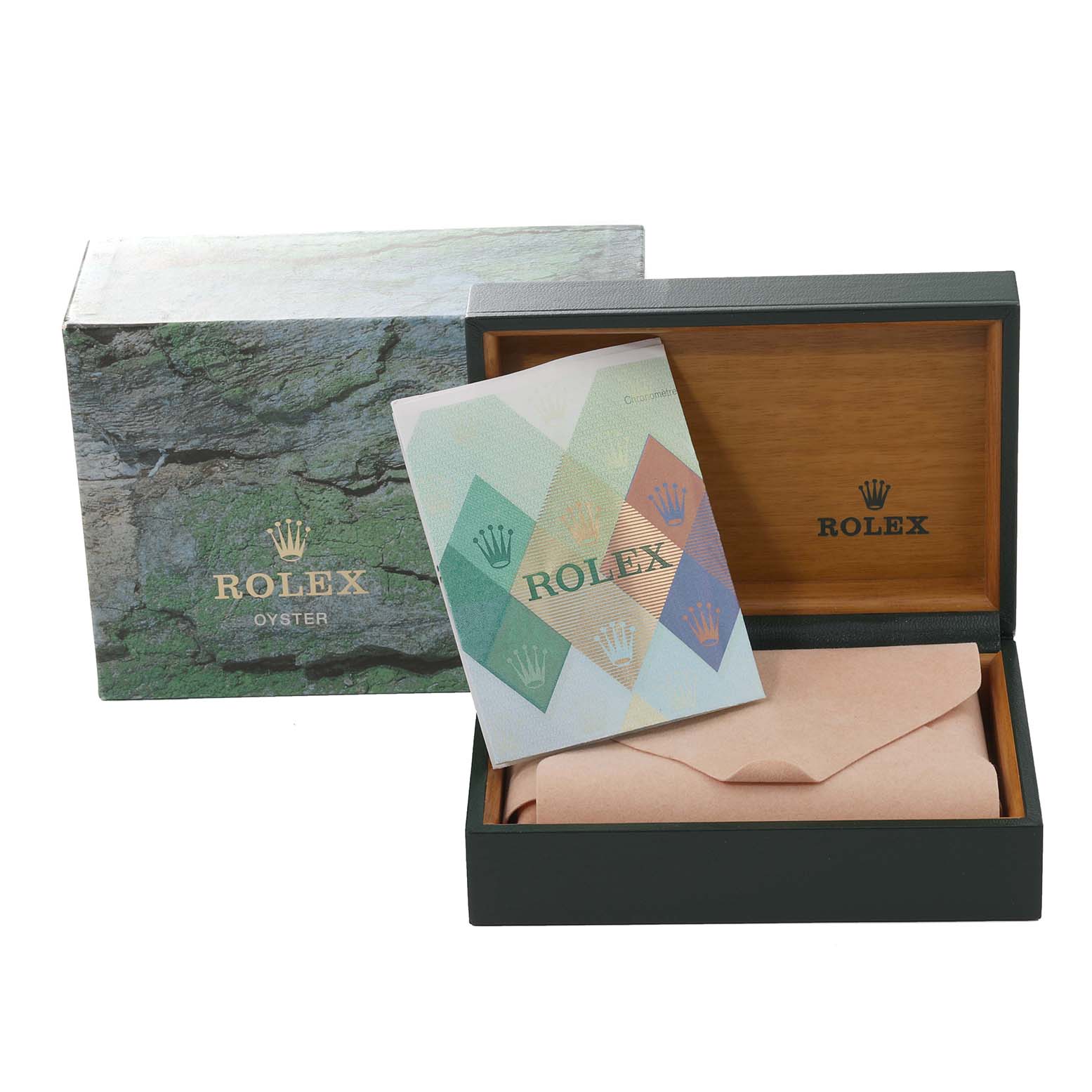 The image shows the packaging of a Rolex Date 15210 Men's Stainless Steel Black Dial 15210 Men's Stainless Steel Black Dial model, including its box and accompanying booklet, viewed from an angle.