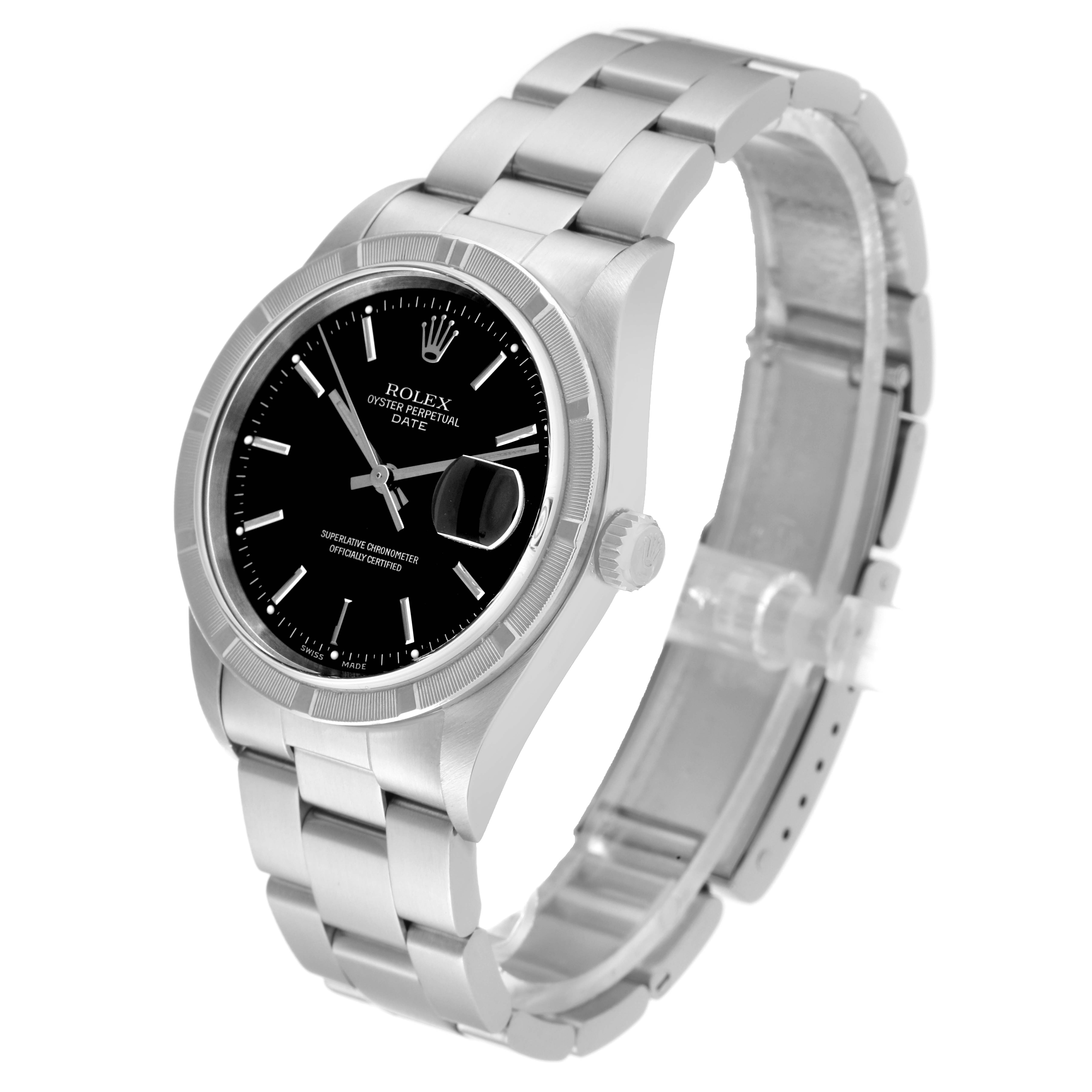 The image shows a Rolex Date 15210 Men's Stainless Steel Black Dial 15210 Men's Stainless Steel Black Dial model watch angled slightly from the top, displaying the dial, bezel, crown, and bracelet.