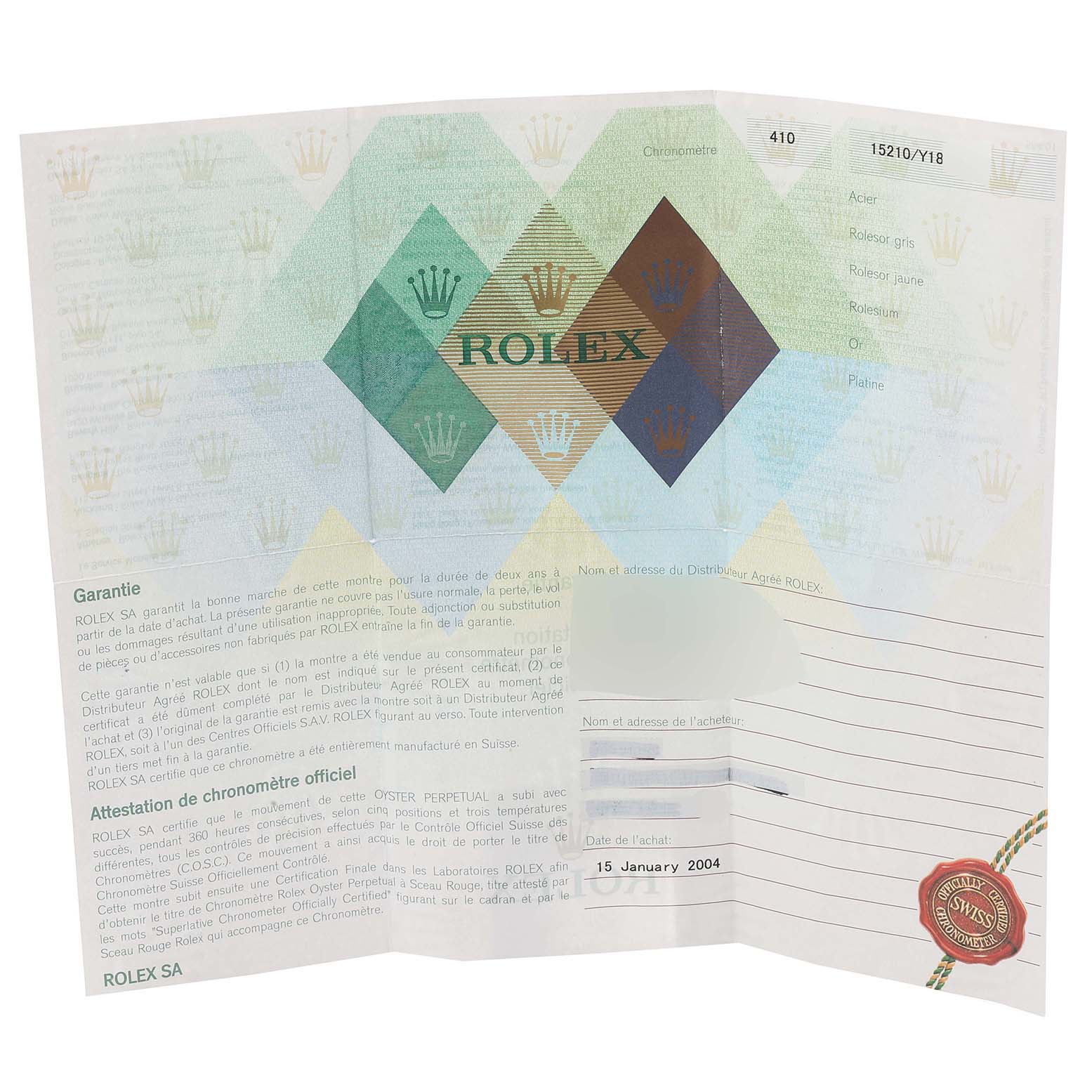 This image shows a warranty and certification paper for a Rolex Date 15210 Men's Stainless Steel Black Dial 15210 Men's Stainless Steel Black Dial model watch.