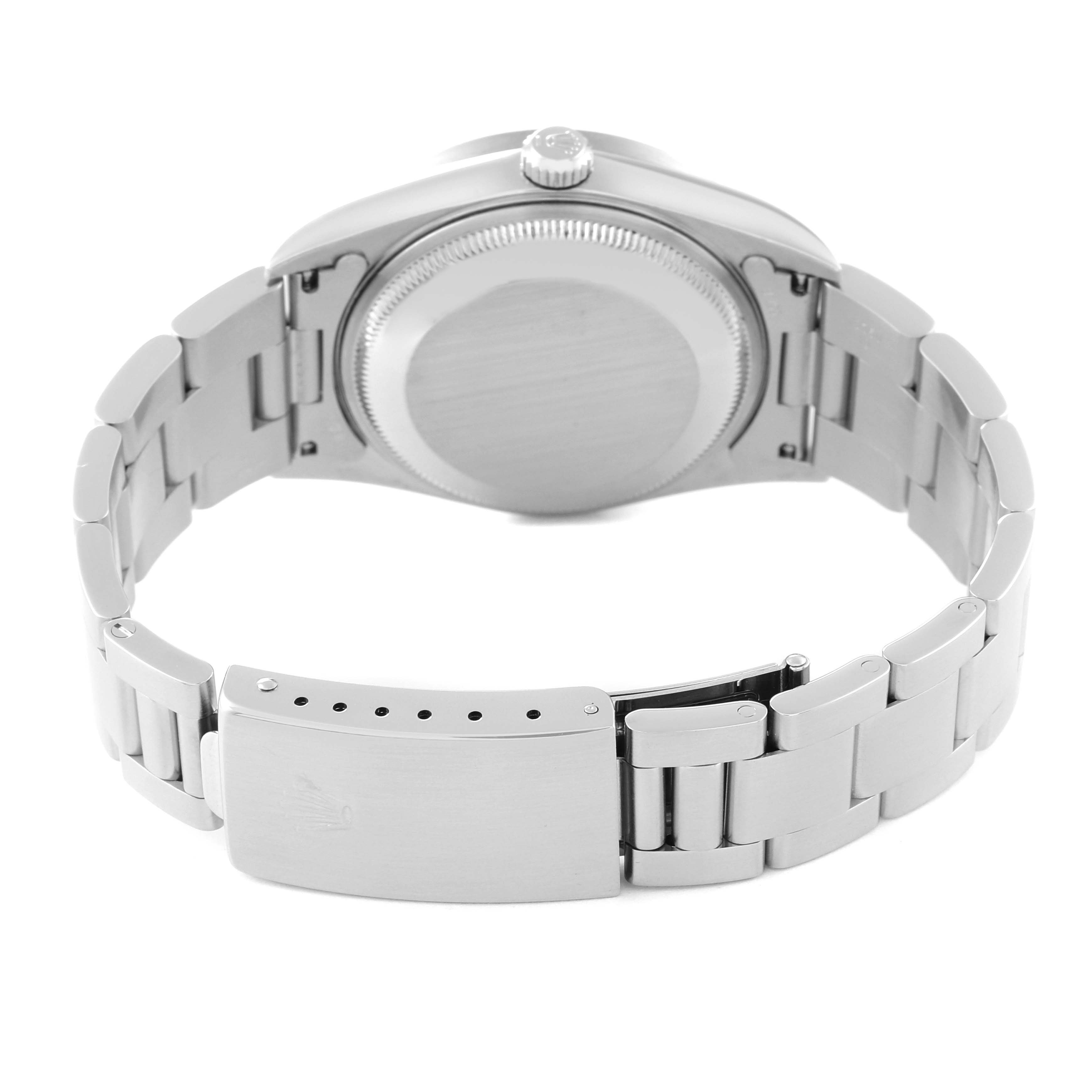 This image shows the back case and bracelet of a Rolex Date 15210 Men's Stainless Steel Black Dial 15210 Men's Stainless Steel Black Dial model watch, with the clasp partially open.