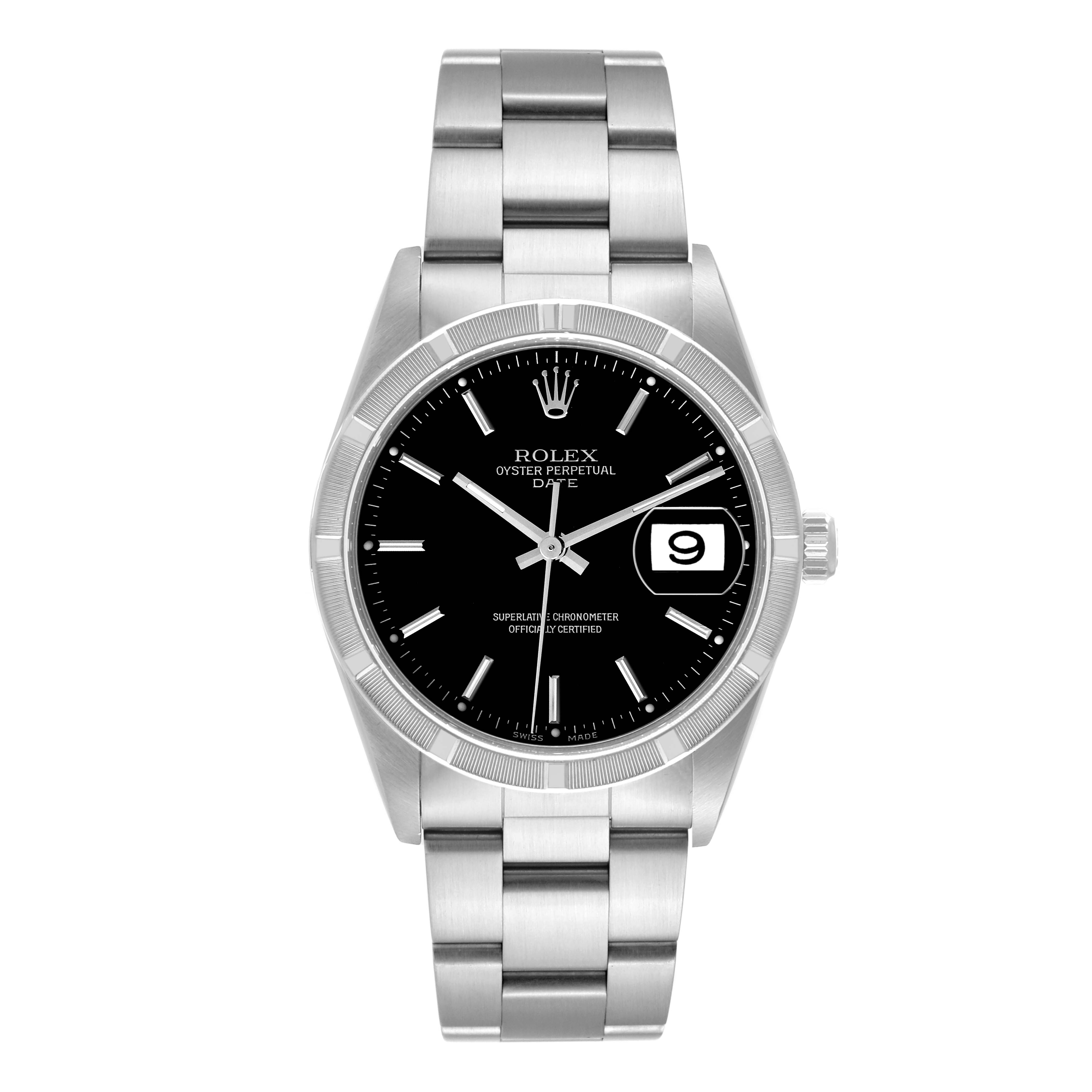 The image shows a front view of a Rolex Date 15210 Men's Stainless Steel Black Dial 15210 Men's Stainless Steel Black Dial model watch, featuring its black dial, silver bracelet, and date display.