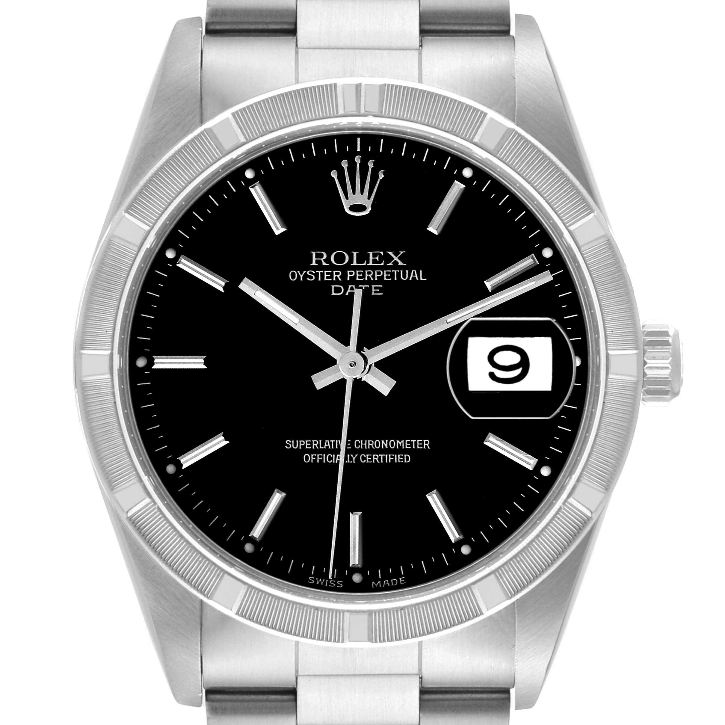 The Rolex Date 15210 Men's Stainless Steel Black Dial 15210 Men's Stainless Steel Black Dial model watch is shown from a front angle, displaying its dial, case, and bracelet parts.