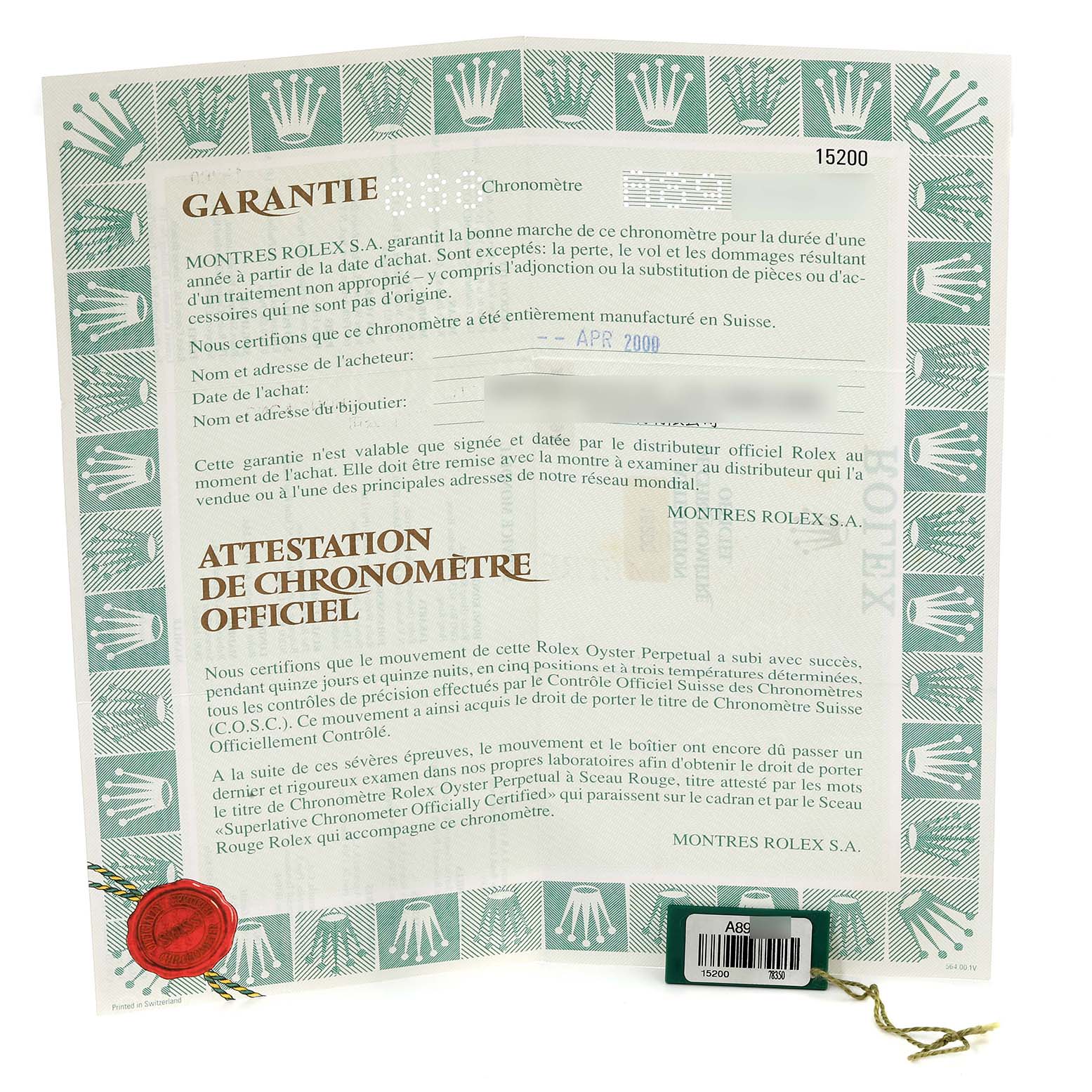 The image shows warranty and certification papers for the Rolex Date 15200 Men's Stainless Steel Black Dial 15200 Men's Stainless Steel Black Dial model, viewed from a front angle.