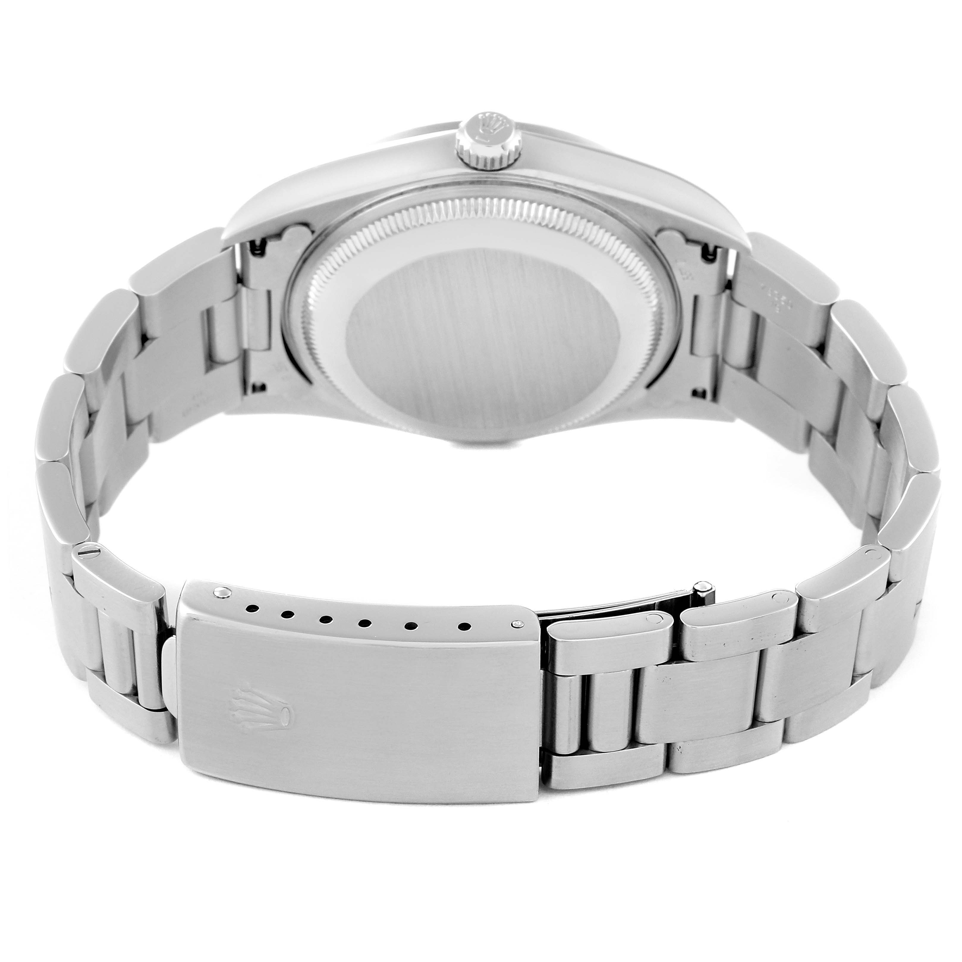 This image shows the back of a Rolex Date 15200 Men's Stainless Steel Black Dial 15200 Men's Stainless Steel Black Dial model watch, highlighting the case back, bracelet, and clasp.