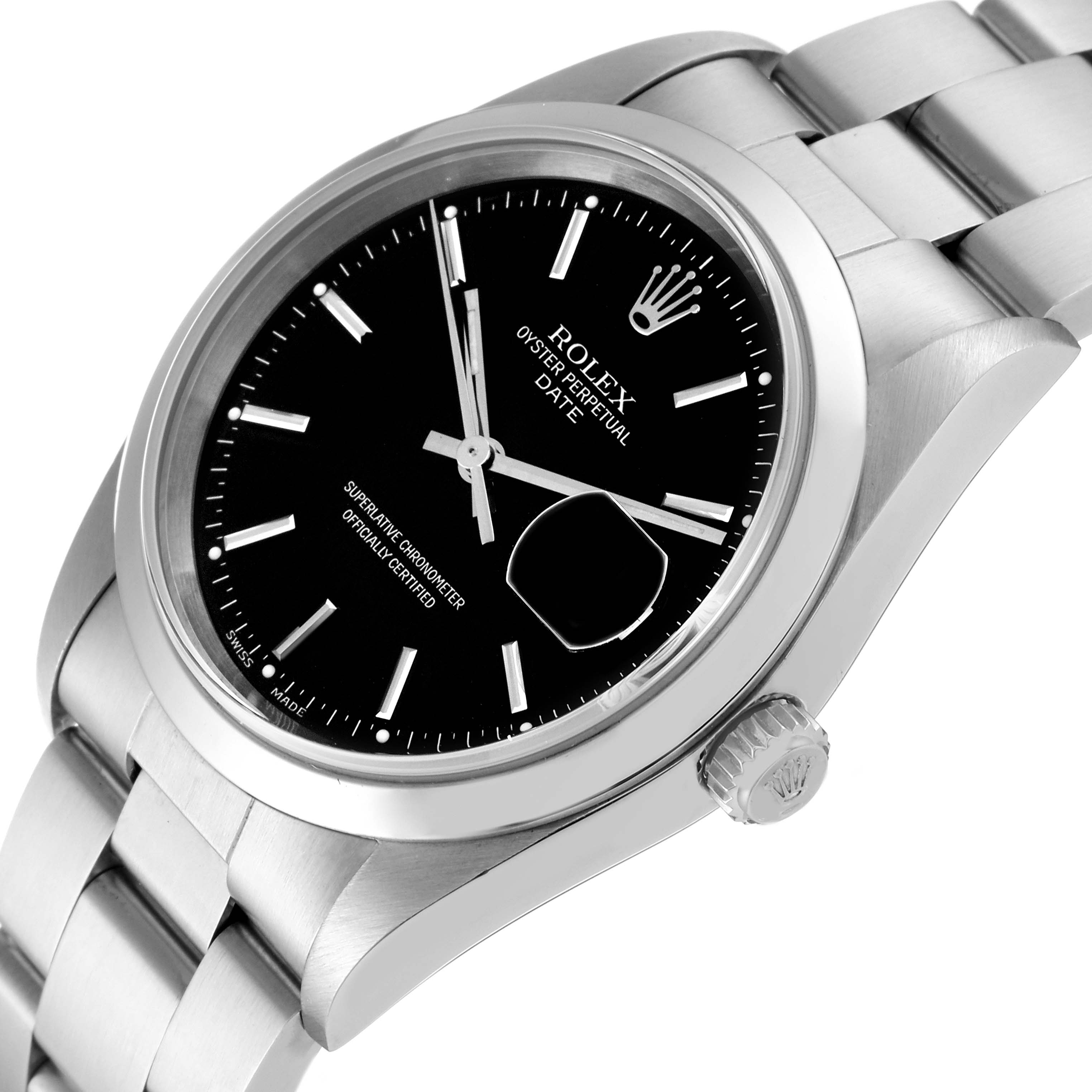 The image shows a Rolex Date 15200 Men's Stainless Steel Black Dial 15200 Men's Stainless Steel Black Dial model watch at an angled side view, highlighting the black dial, bezel, crown, and part of the bracelet.
