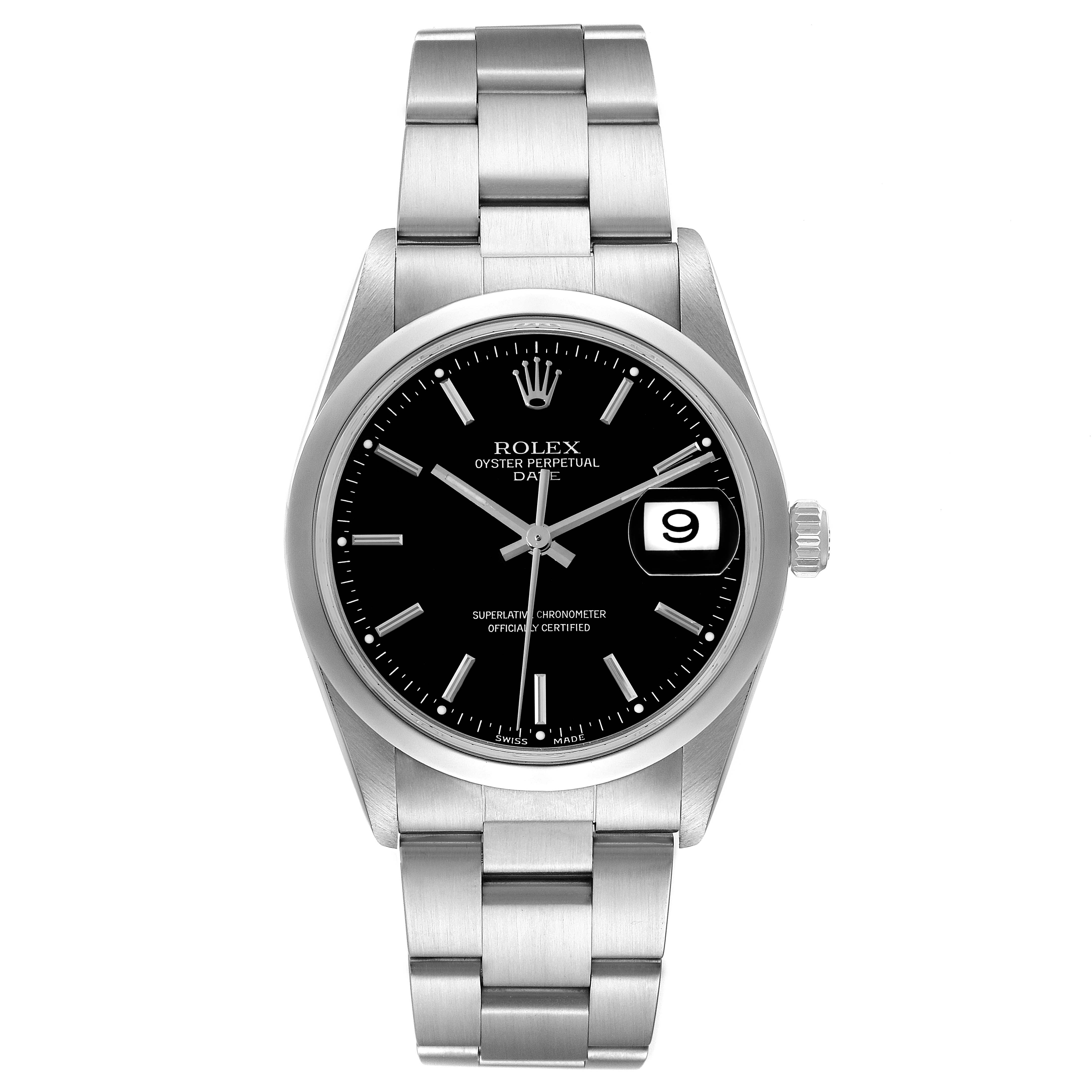 This image shows a frontal view of a Rolex Date 15200 Men's Stainless Steel Black Dial 15200 Men's Stainless Steel Black Dial model watch highlighting its black dial, stainless steel bracelet, and date display.