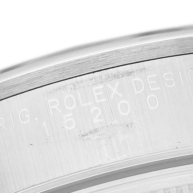 The image shows a close-up angle of the side engraving on a Rolex Date 15200 Men's Stainless Steel Black Dial 15200 Men's Stainless Steel Black Dial model watch.