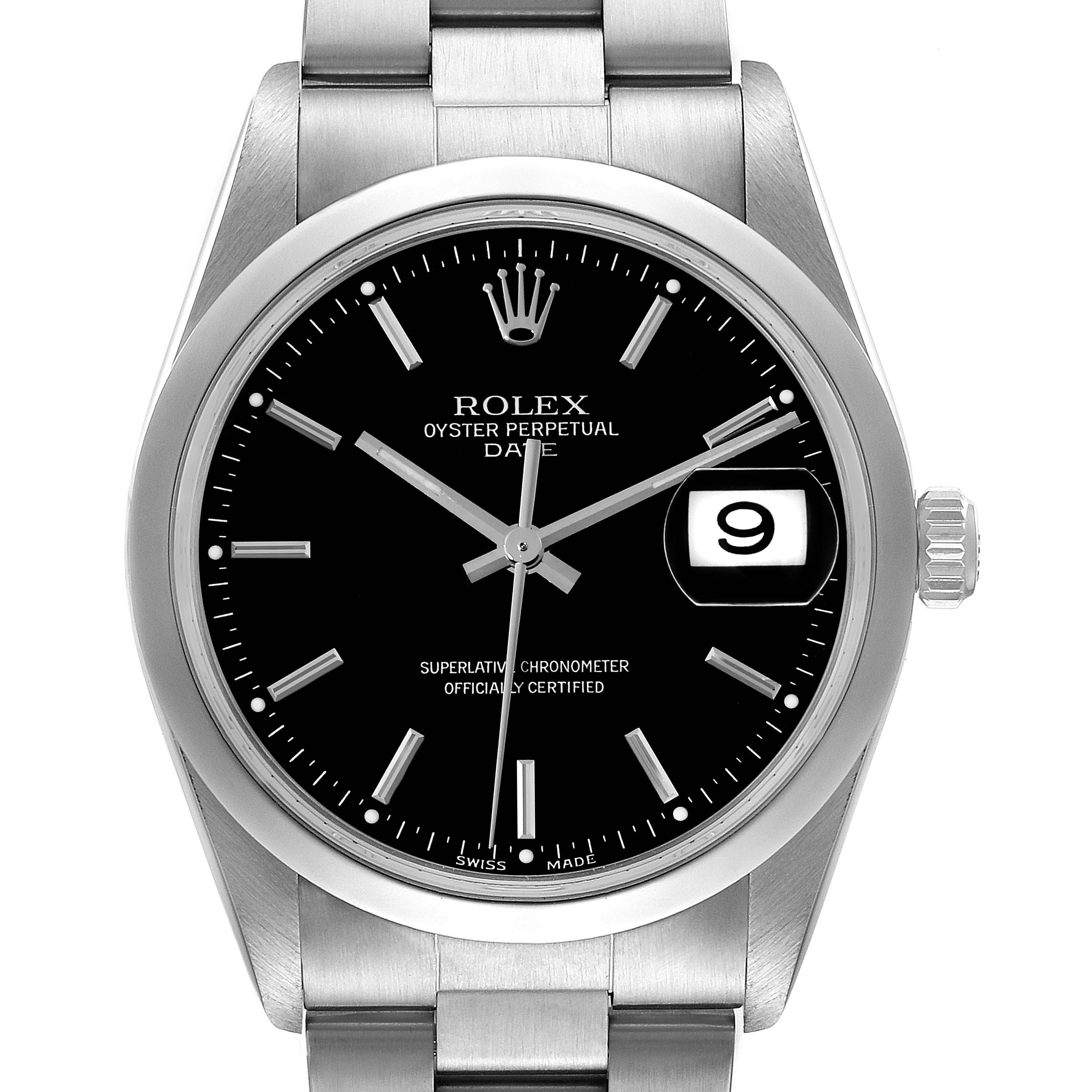 The image shows a frontal view of a Rolex Date 15200 Men's Stainless Steel Black Dial 15200 Men's Stainless Steel Black Dial model watch, highlighting the face, dial, hands, and bracelet.