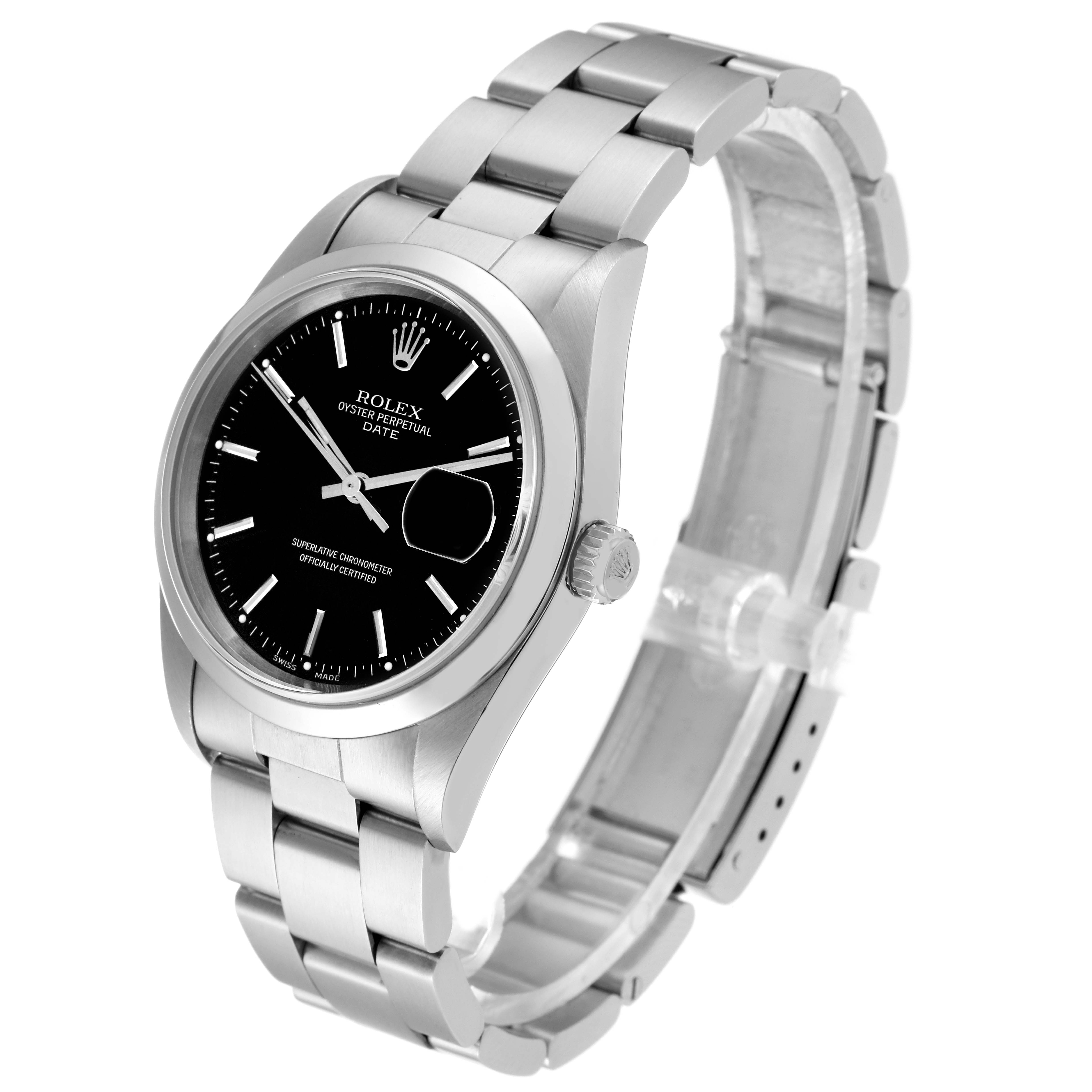 The image shows a tilted side view of a Rolex Oyster Perpetual Date model, including its bracelet, dial, and crown.