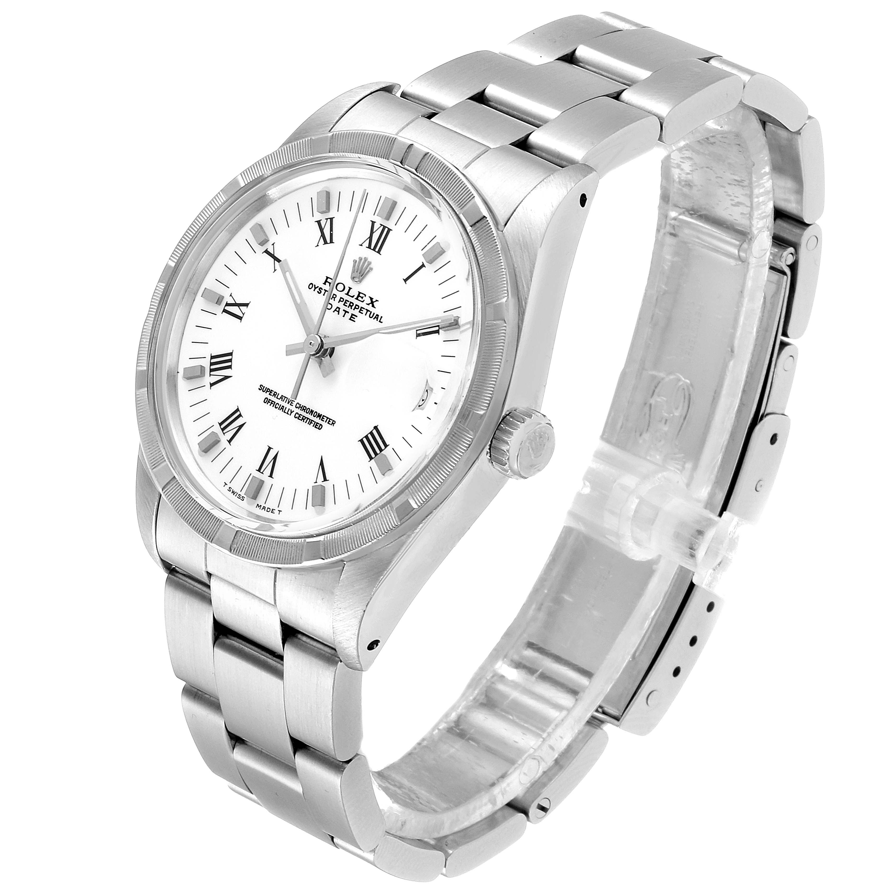The image displays a Rolex Date 15010 Men's Stainless Steel White Dial 15010 Men's Stainless Steel White Dial watch at a three-quarter angle, showing the face, bezel, crown, and bracelet.