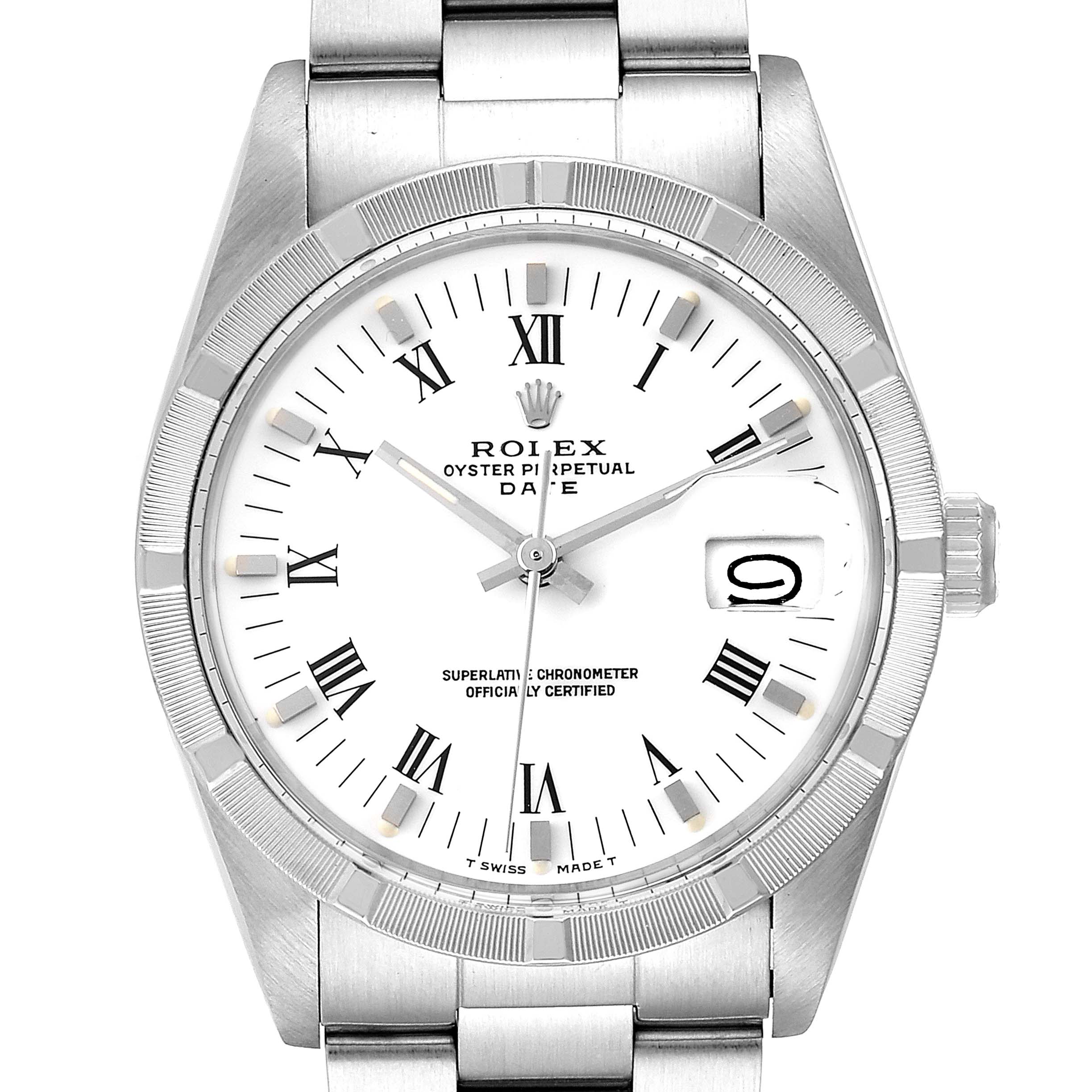 This image shows a front view of the Rolex Date 15010 Men's Stainless Steel White Dial 15010 Men's Stainless Steel White Dial model watch, displaying its dial, hour markers, hands, date window, and bracelet.
