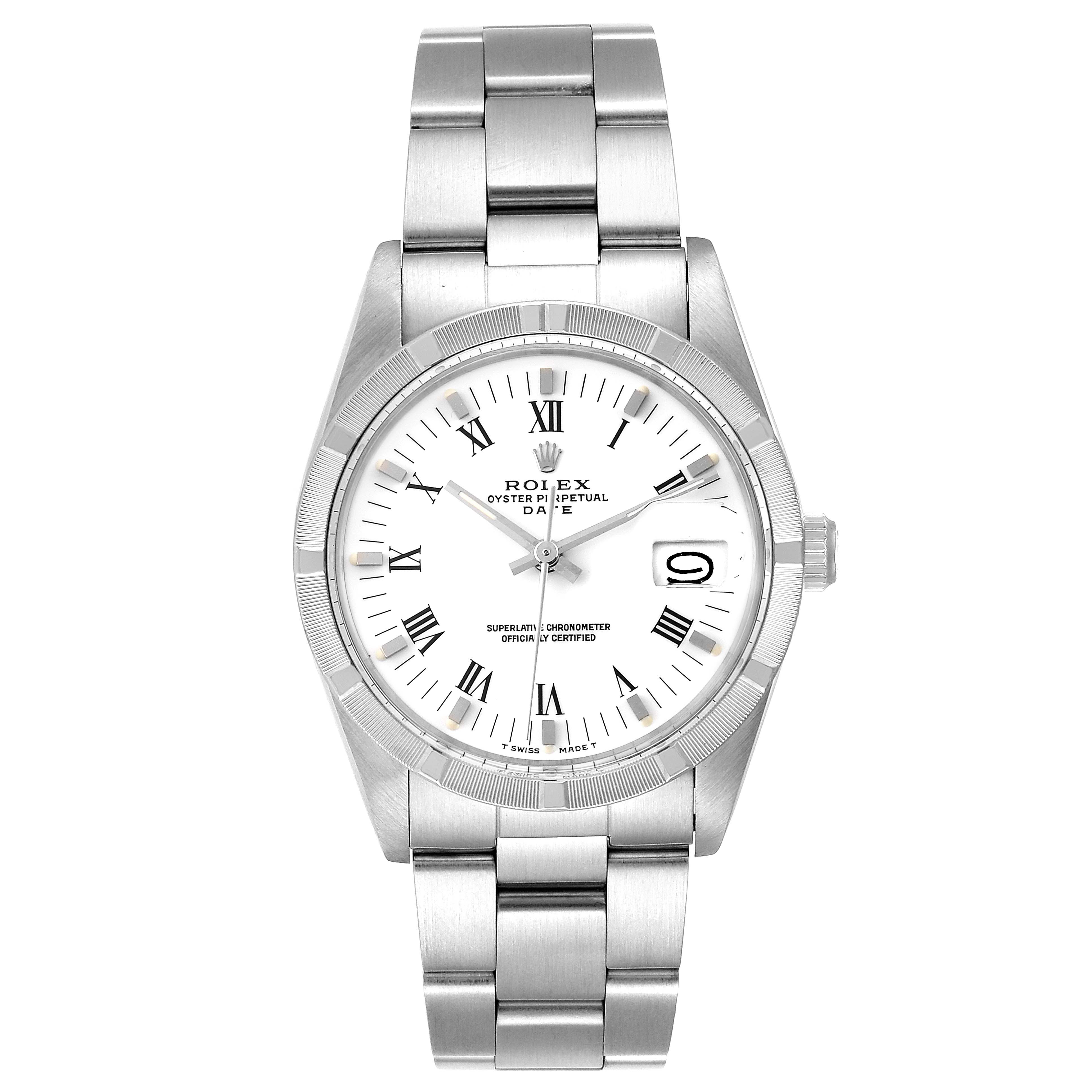 The Rolex Date 15010 Men's Stainless Steel White Dial 15010 Men's Stainless Steel White Dial model watch is shown from a top-down angle, displaying the face, bezel, bracelet, and crown.