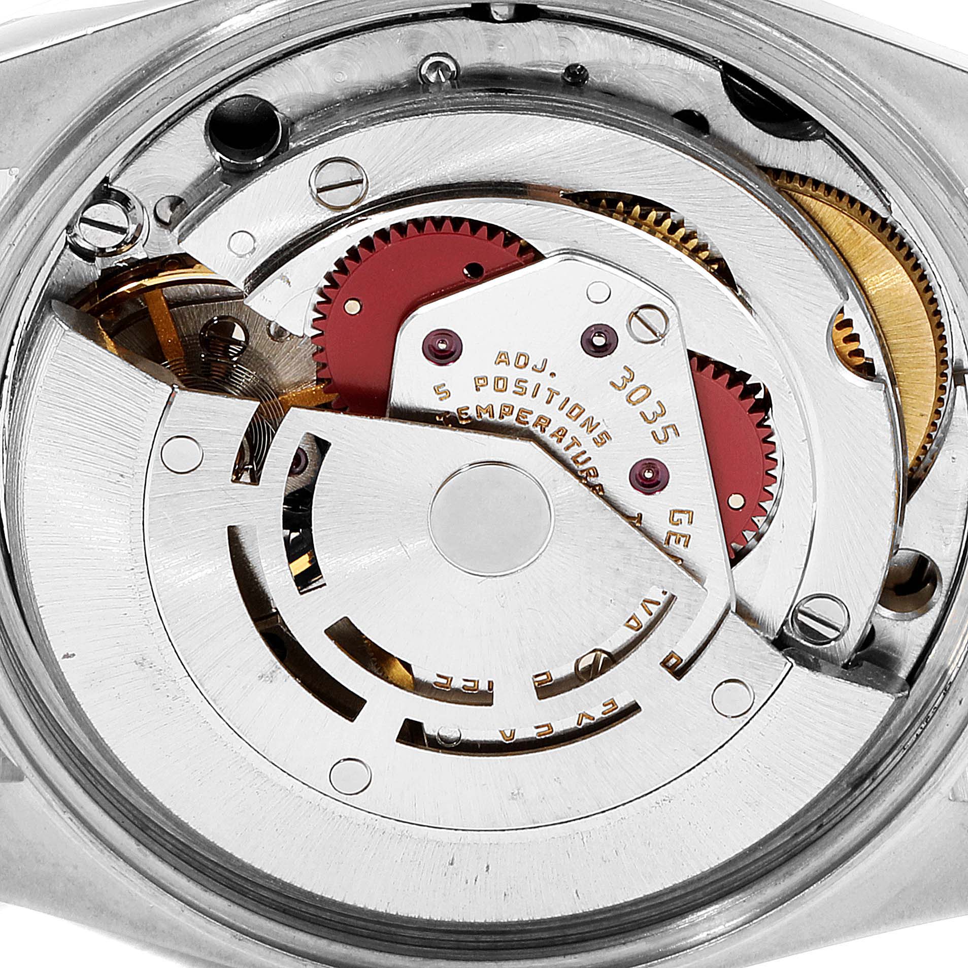 This image shows a close-up view of the internal movement parts of the Rolex Date 15010 Men's Stainless Steel White Dial 15010 Men's Stainless Steel White Dial model watch.