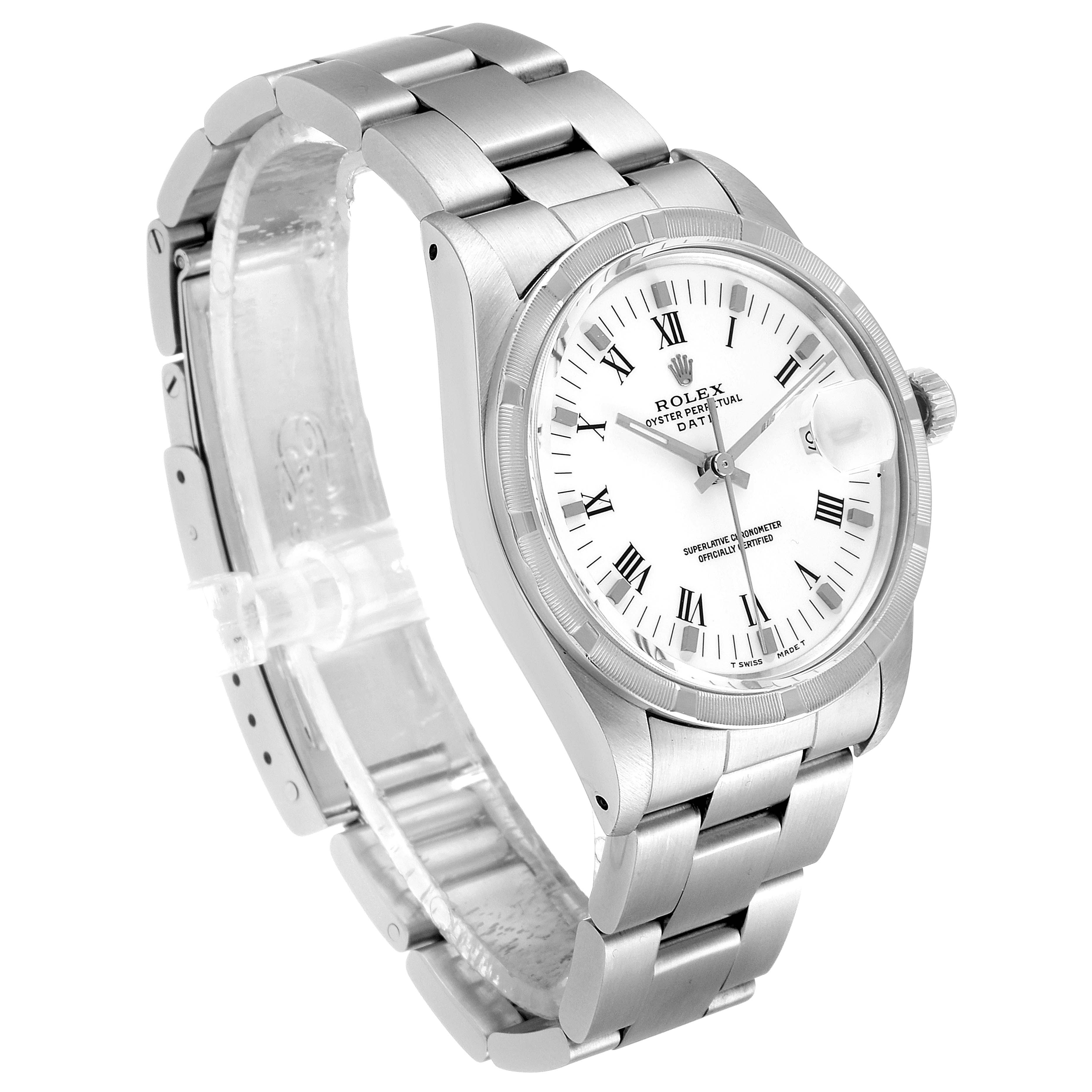 The image shows a Rolex Date 15010 Men's Stainless Steel White Dial 15010 Men's Stainless Steel White Dial model watch angled to display the face, bezel, crown, and bracelet.