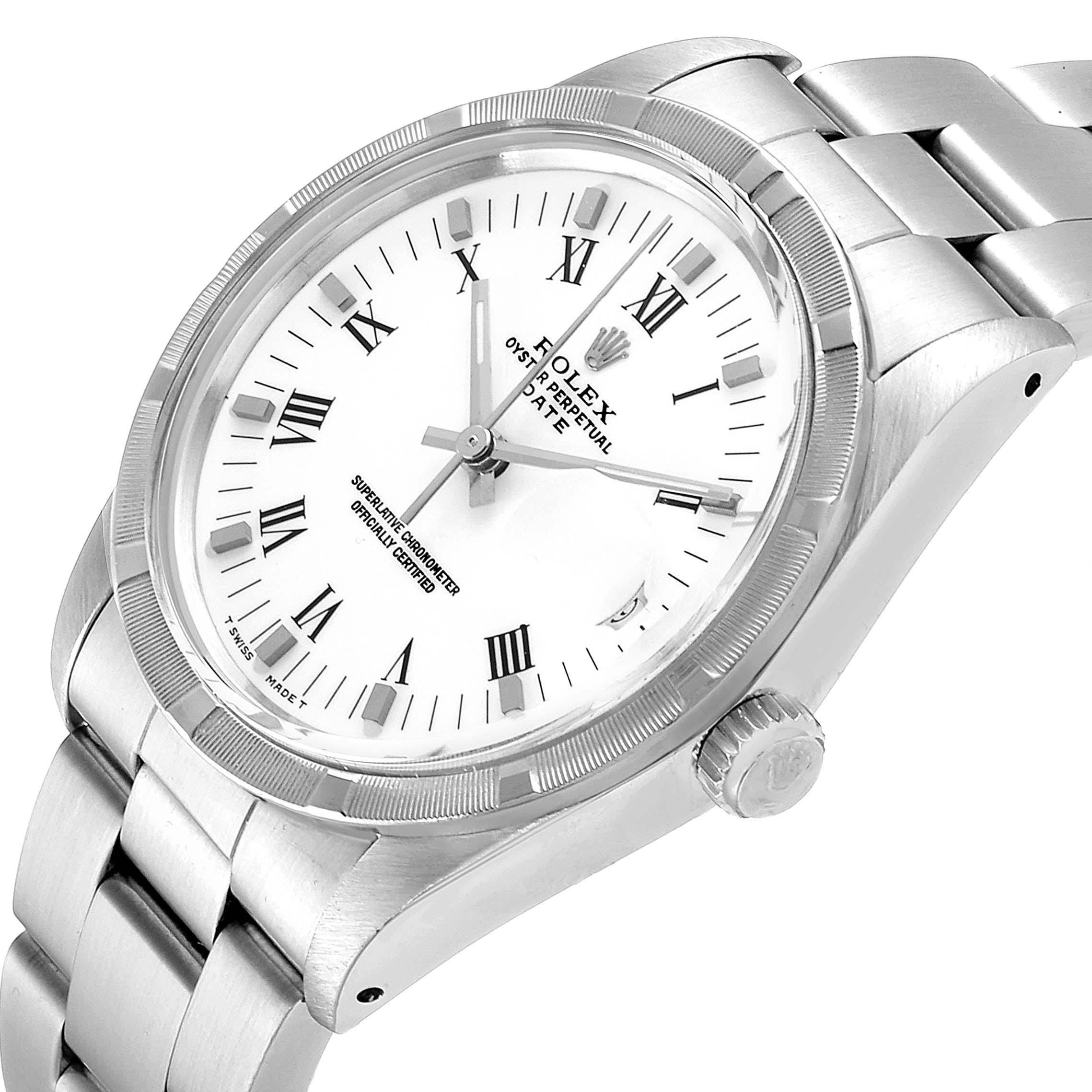 This image shows the Rolex Date 15010 Men's Stainless Steel White Dial 15010 Men's Stainless Steel White Dial watch at an oblique angle, displaying the dial, bezel, crown, and part of the bracelet.