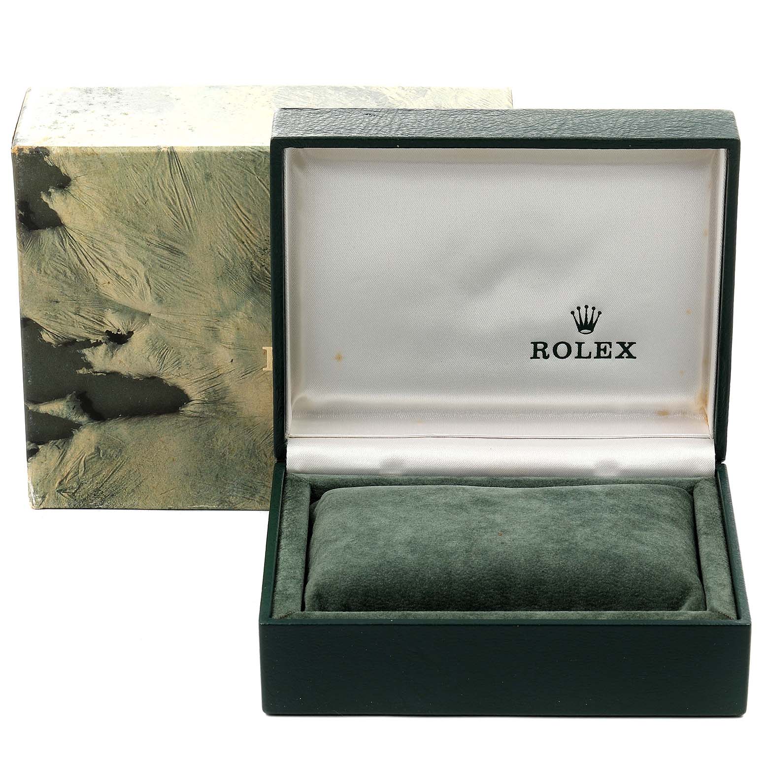 The image shows an open Rolex Date 15010 Men's Stainless Steel White Dial 15010 Men's Stainless Steel White Dial model watch box with the brand logo visible inside, alongside its outer packaging.