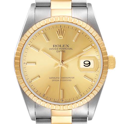 Photo of Rolex Date Steel Yellow Gold Champagne Dial Mens Watch 15223 Box Papers