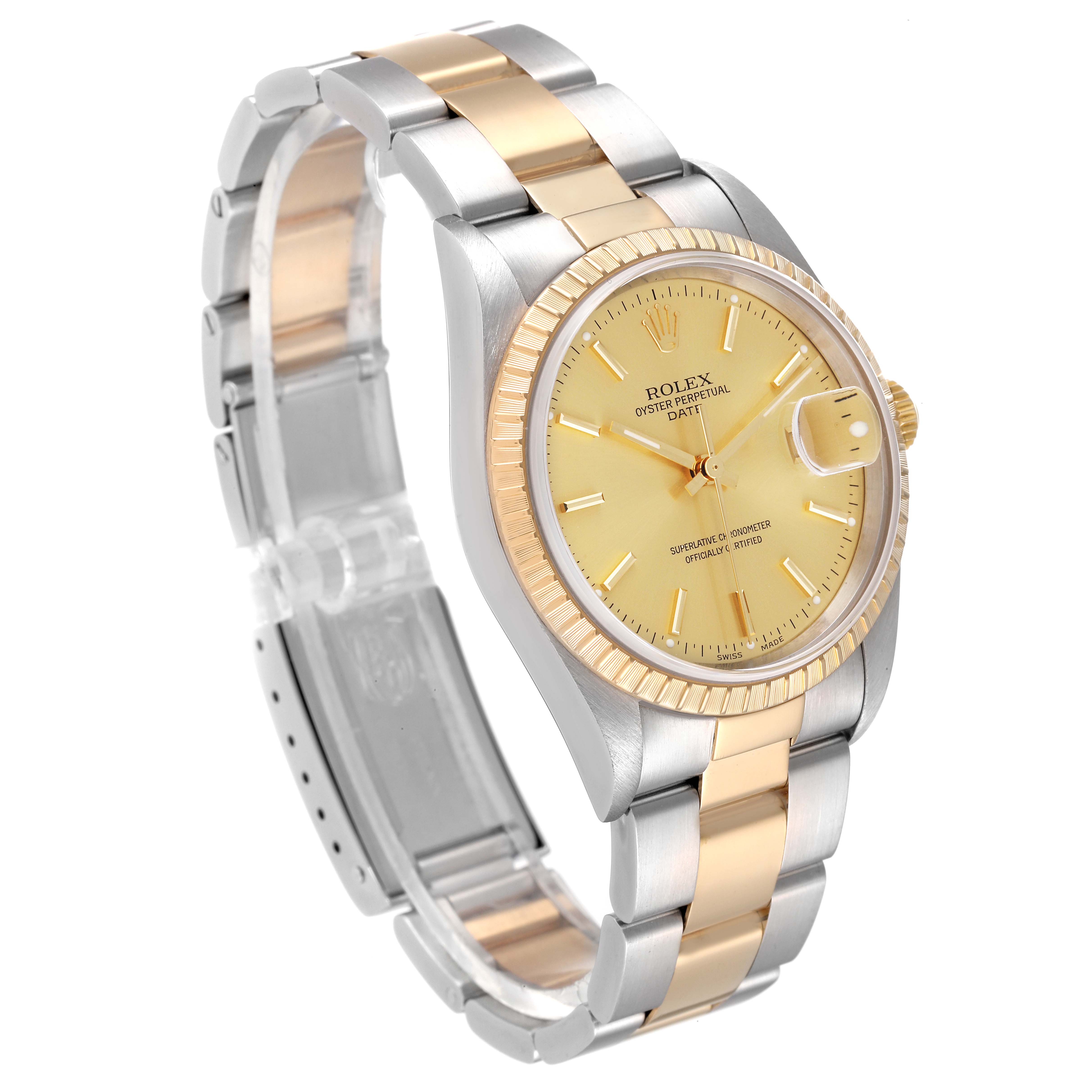 This image shows a Rolex Date 15223 Men's Steel and Gold (two tone) Champagne Dial 15223 Men's Steel and Gold (two tone) Champagne Dial watch angled from the front and slightly to the side, displaying the face, bezel, and bracelet.
