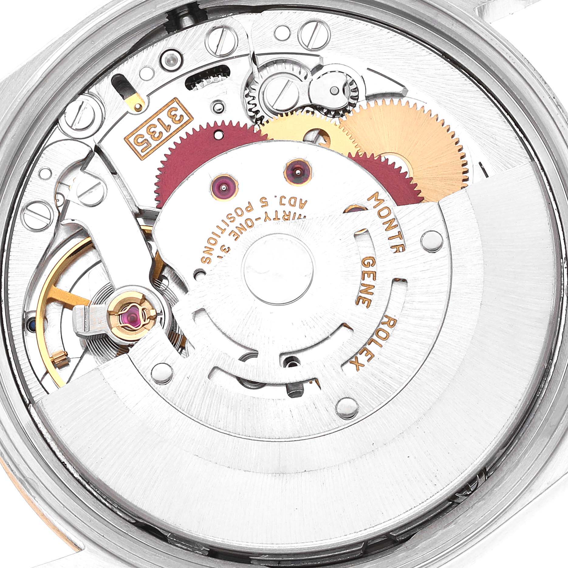 This image shows the inner mechanical movement of a Rolex Date 15223 Men's Steel and Gold (two tone) Champagne Dial 15223 Men's Steel and Gold (two tone) Champagne Dial model watch from a close-up angle.