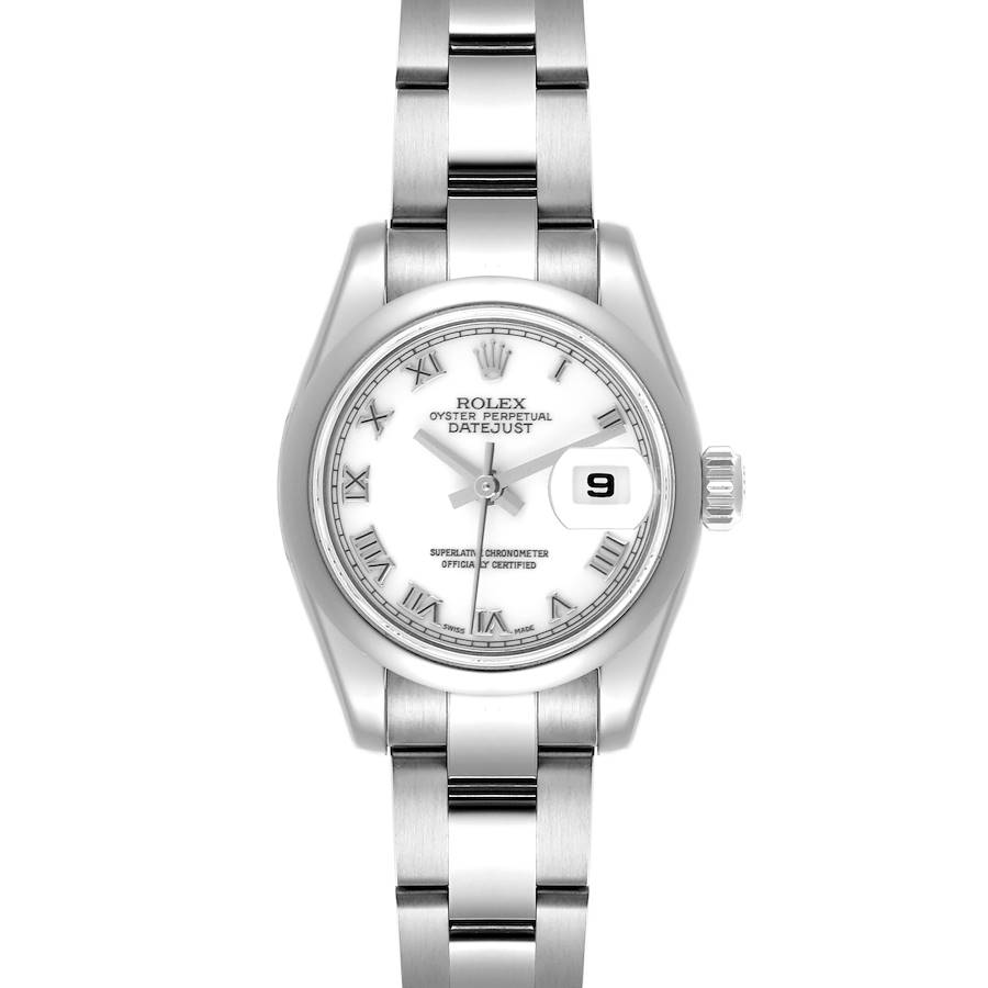 The Rolex Datejust watch is shown from a frontal angle, displaying the dial, bezel, and part of the bracelet.